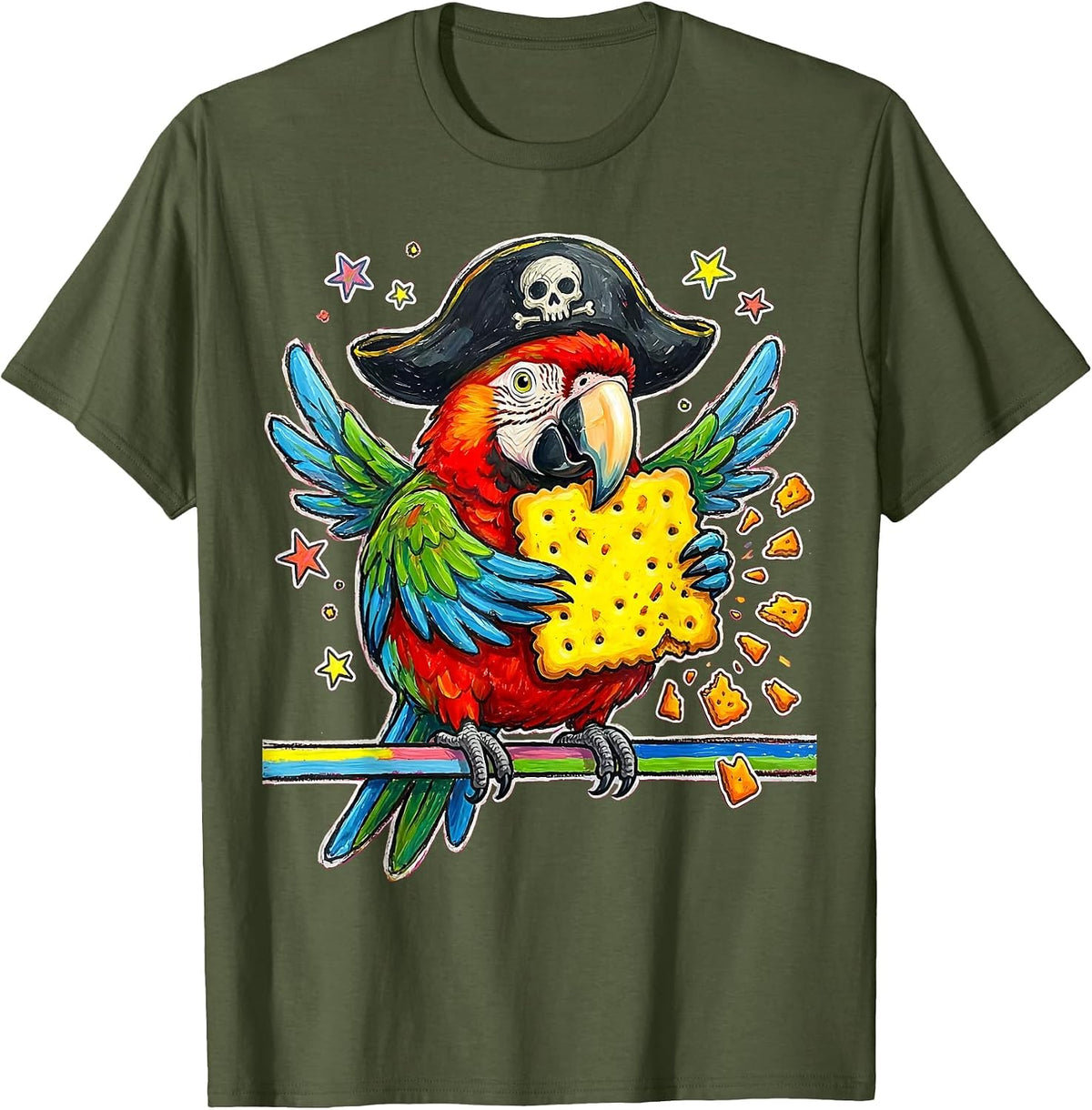 Men's Funny Pirate Parrot Eating Cracker Illustration T-Shirt - Olive Green