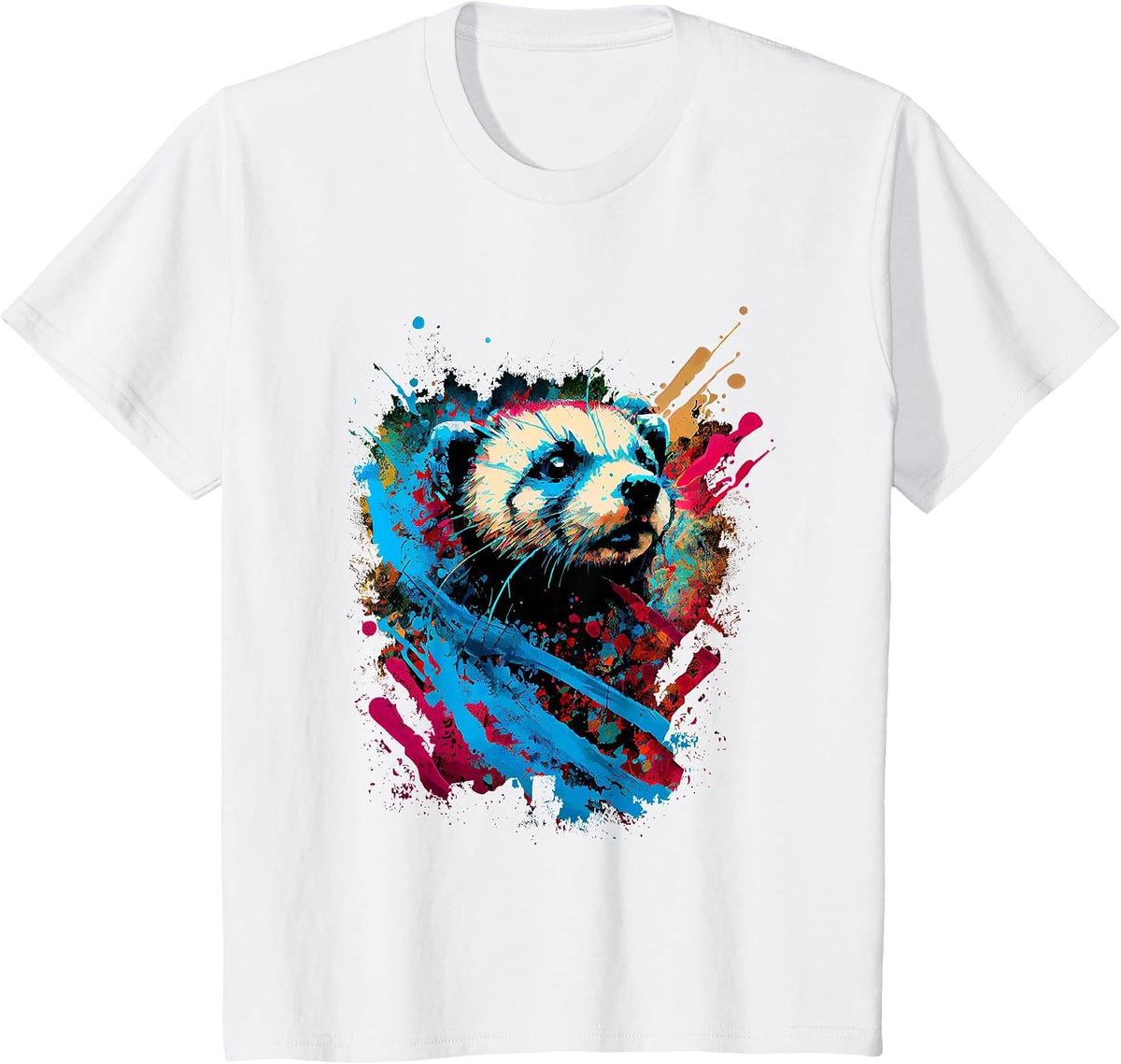 Colorful Ferret Abstract Art Watercolor Splash T-Shirt - White