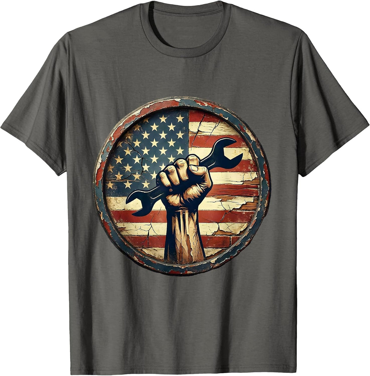 Labor Day Muscular Fist Gripping Wrench Graphic T-Shirt - Asphalt Grey