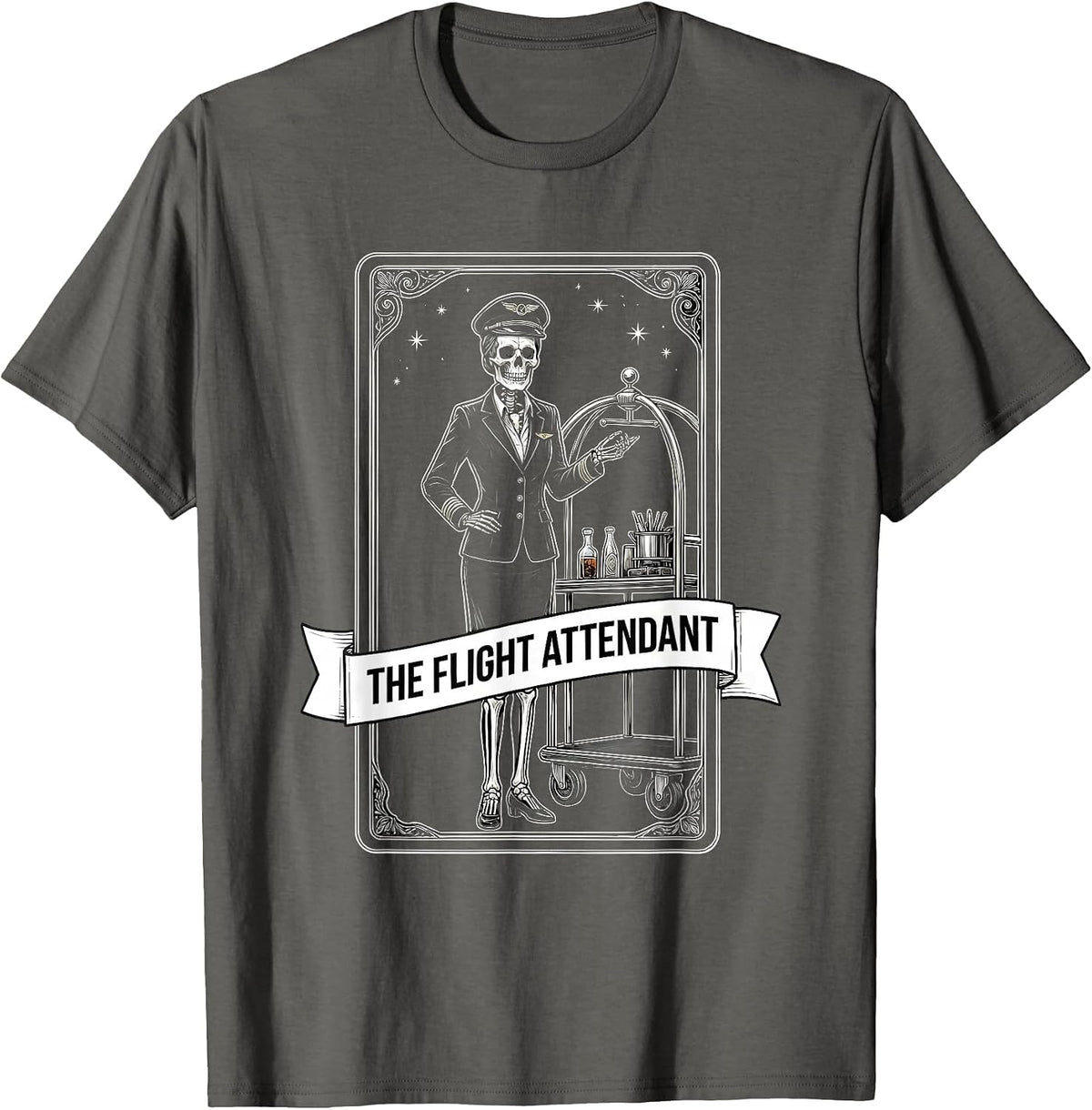 Men's The Flight Attendant Skeleton Tarot Card Halloween Role T-Shirt - Asphalt Grey