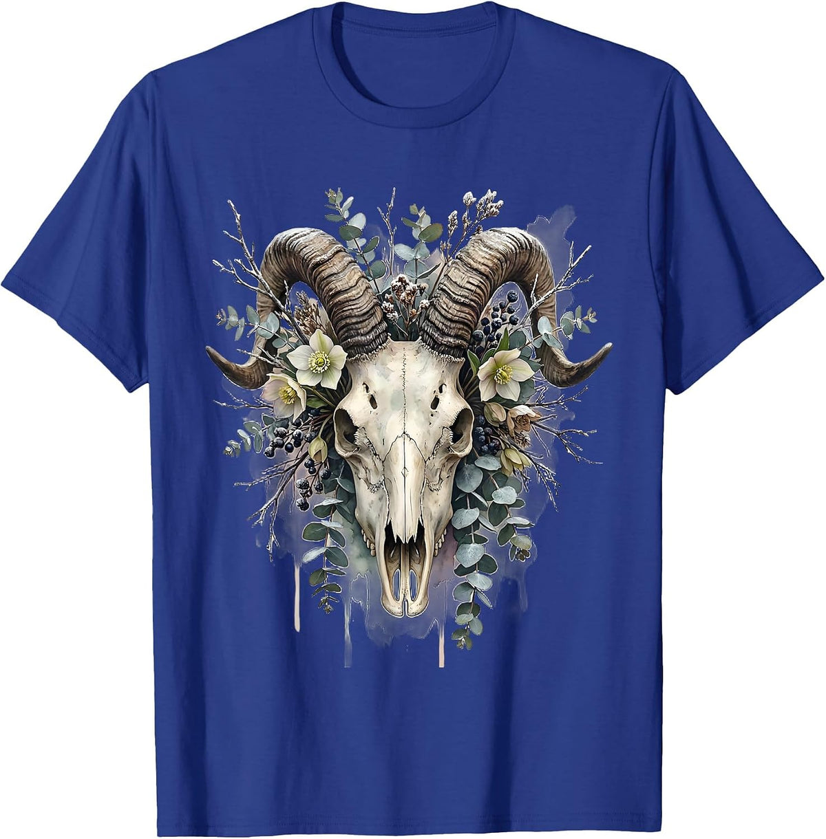 Men's Capricorn Crowned Goat Skull Winter Floral Zodiac T-Shirt - Royal Blue
