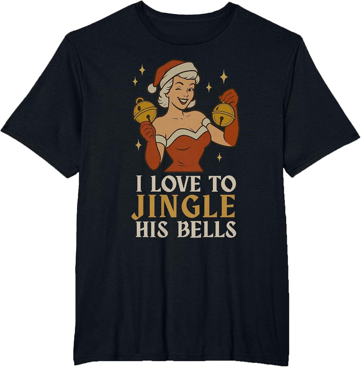 Retro Santa I Love to Stuff Her Stock Jingle His Bells Xmas T-Shirt - Black