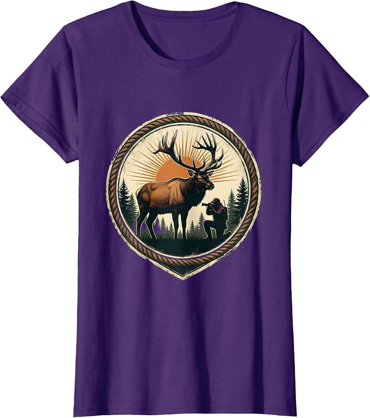 Women's Hunter Kneeling With Trophy Bull Elk Illustration T-Shirt - Purple
