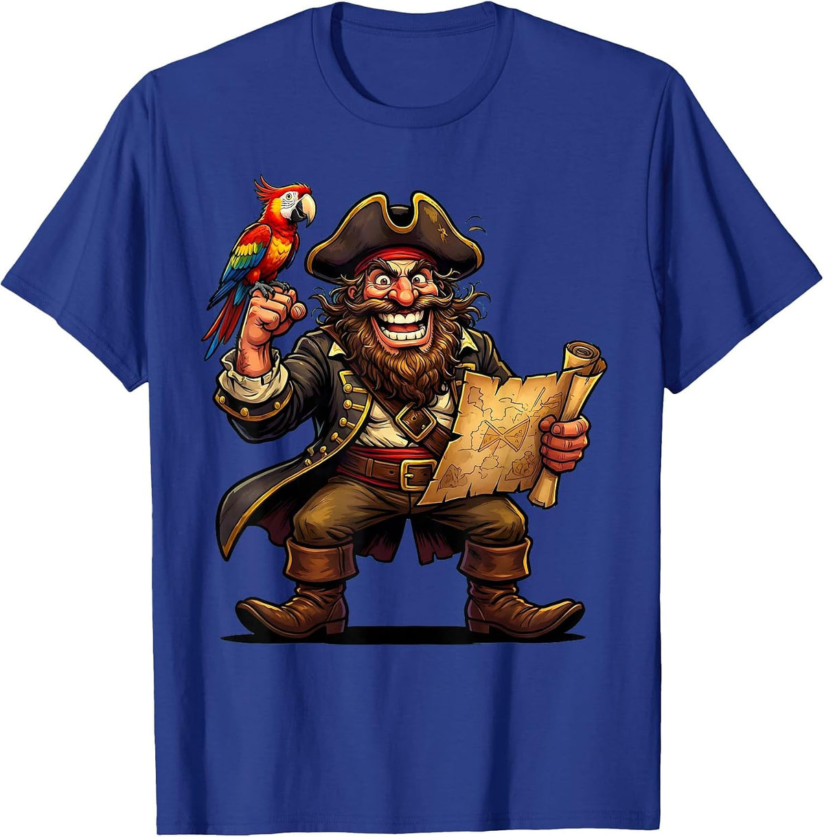 Men's Bearded Pirate Parrot and Treasure Map Graphic T-Shirt - Royal Blue