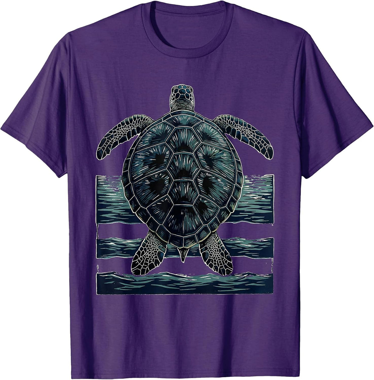 Sea Turtle Linocut Ocean Animal Lover Art T-Shirt - Purple