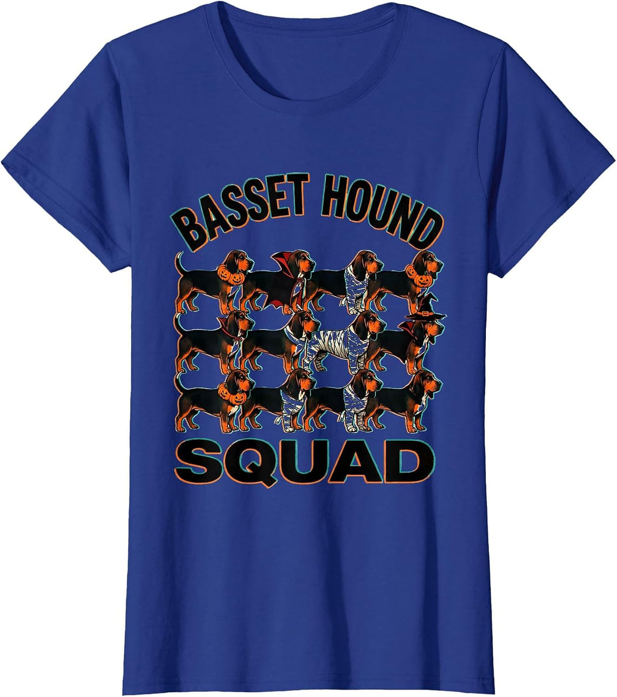 Women's Basset Hound Squad Halloween Pumpkin Vampire Mummy Witch Dog T-Shirt - Royal Blue
