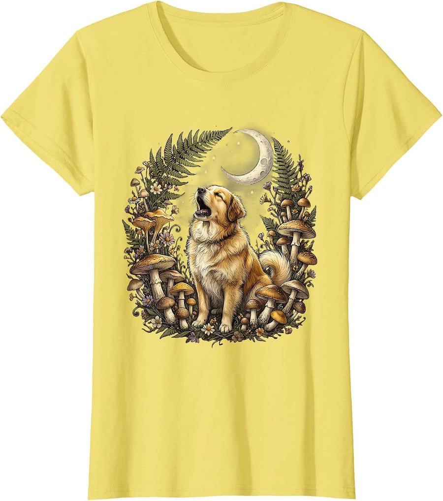Women's Wolf Howling at Crescent Moon Graphic Design T-Shirt - Lemon Yellow