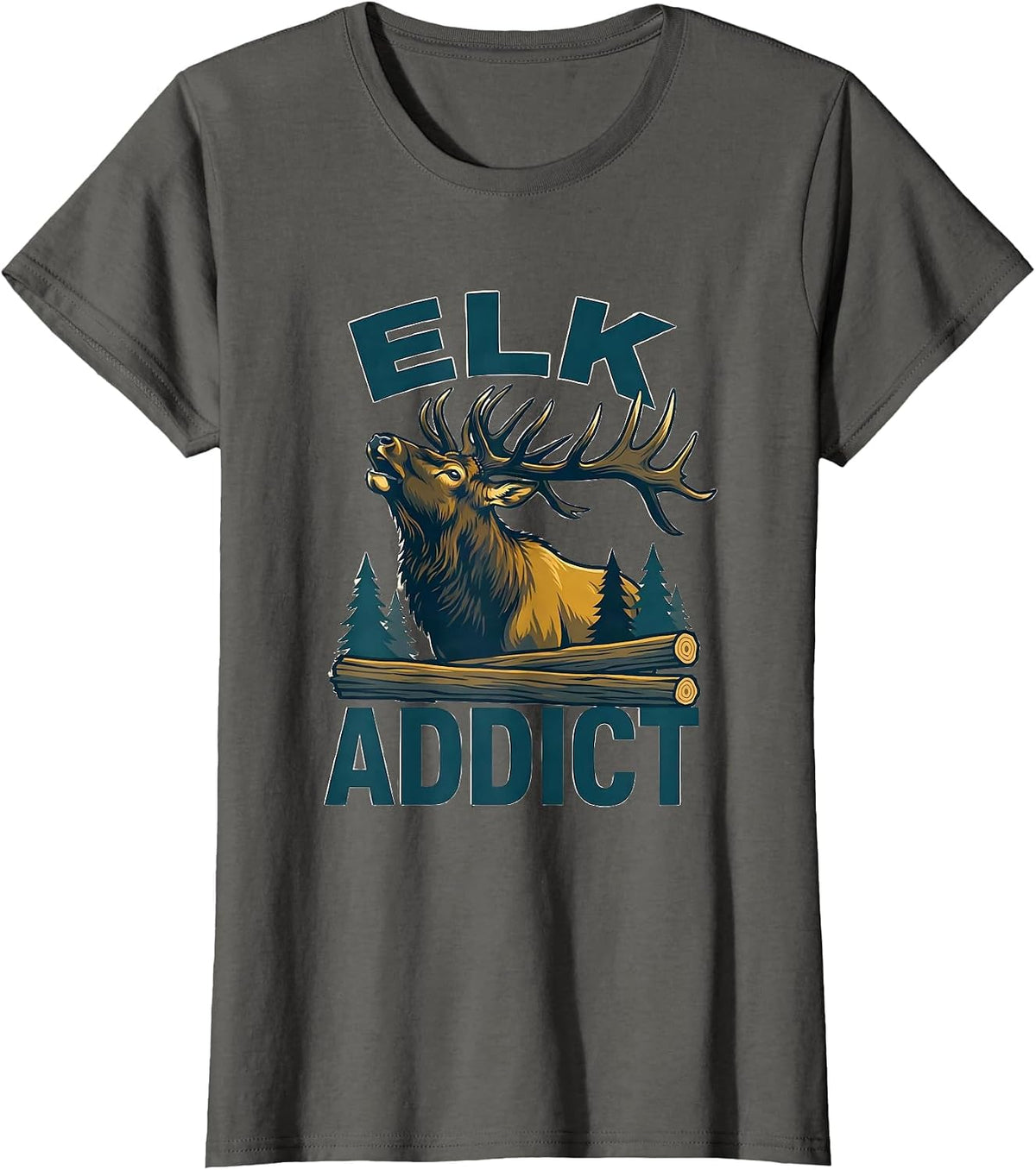 Women's Elkaddict Rustic Elk Hunting Wildlife Outdoor Nature Lover T-Shirt - Asphalt Grey