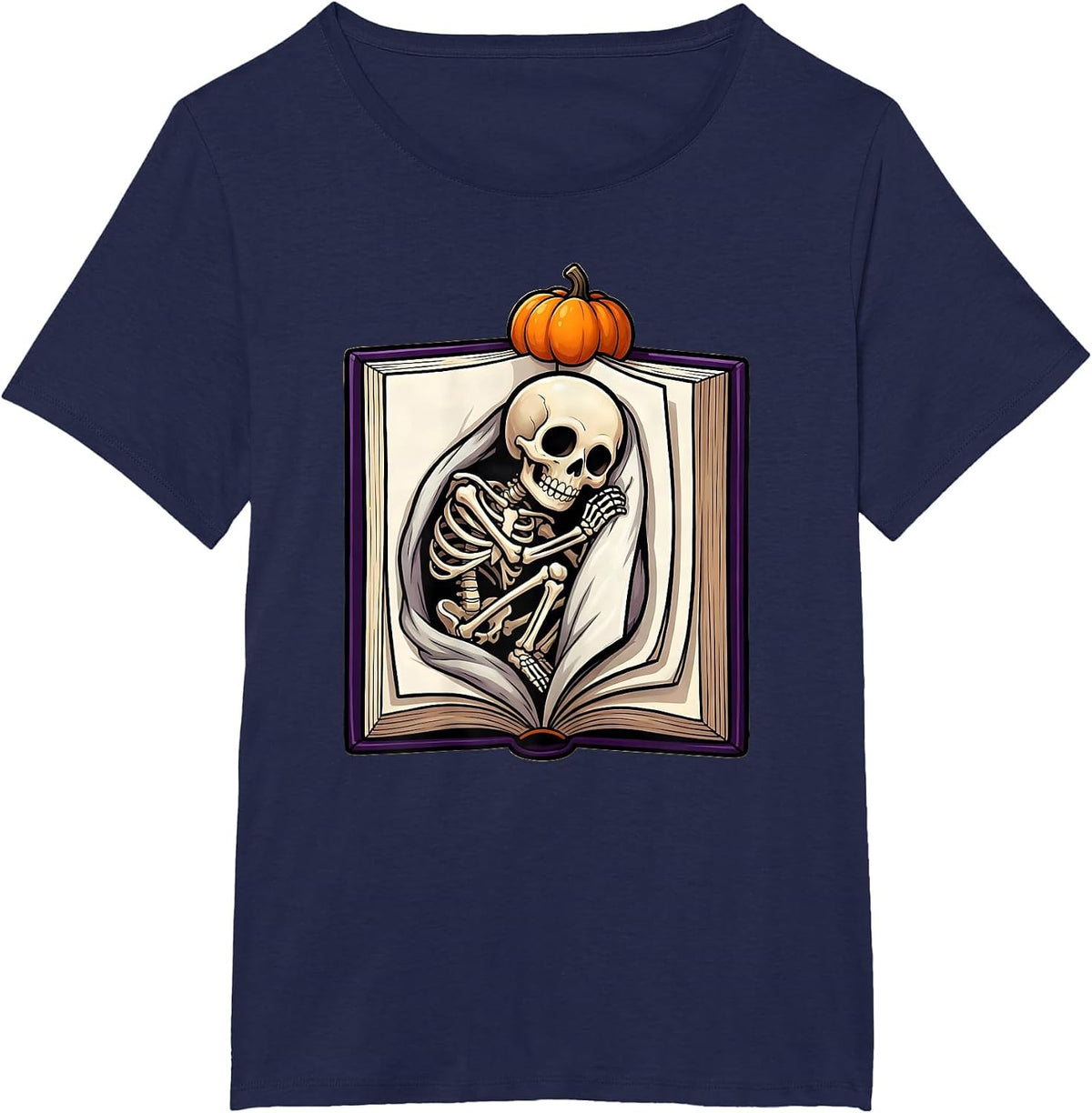 Women's Cheerful Skeleton Bookworm Cartoon Reader Halloween T-Shirt - Navy Blue