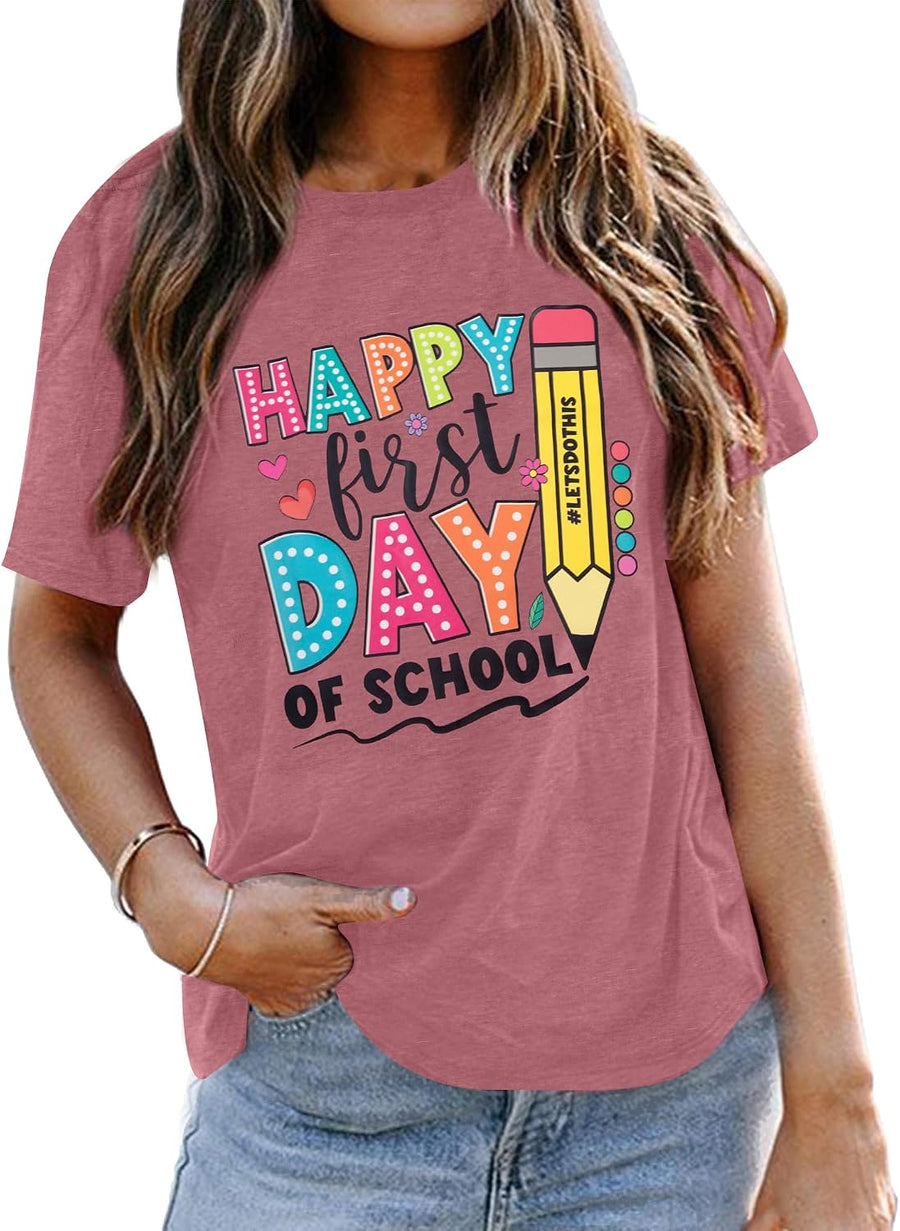 Teacher Shirts for Women: First Day of School Shirt Kindergarten Teach Tee - Pink