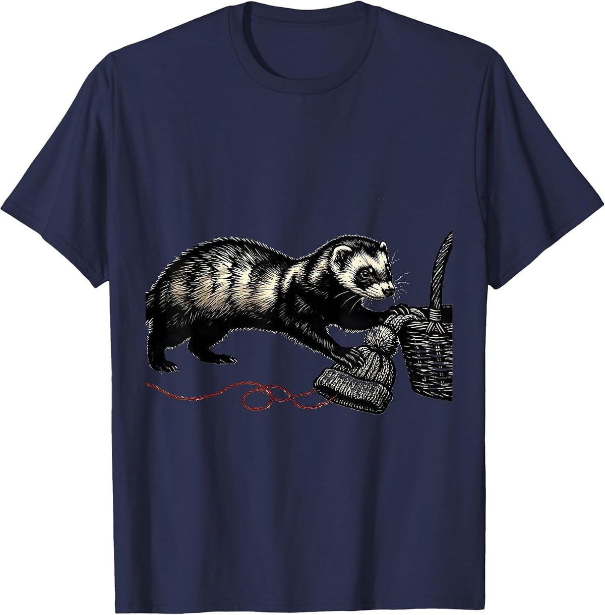 Ferret Steals Hat Linocut Funny Ferret Lover Gift T-Shirt - Navy Blue