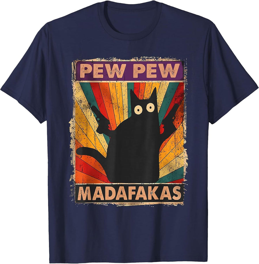 Pew Madafakas Pew Guns Funny Black Cat Retro Vintage T-Shirt - Navy Blue