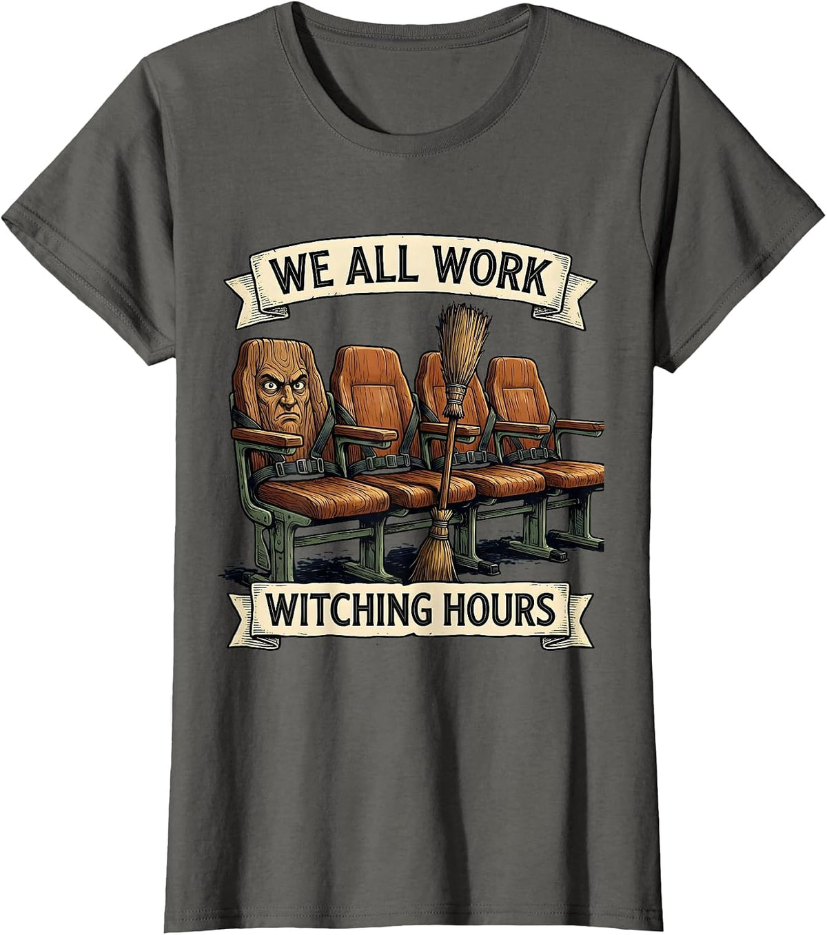 Women's We All Work Witching Hours Funny School Bus Driver Halloween T-Shirt - Asphalt Grey