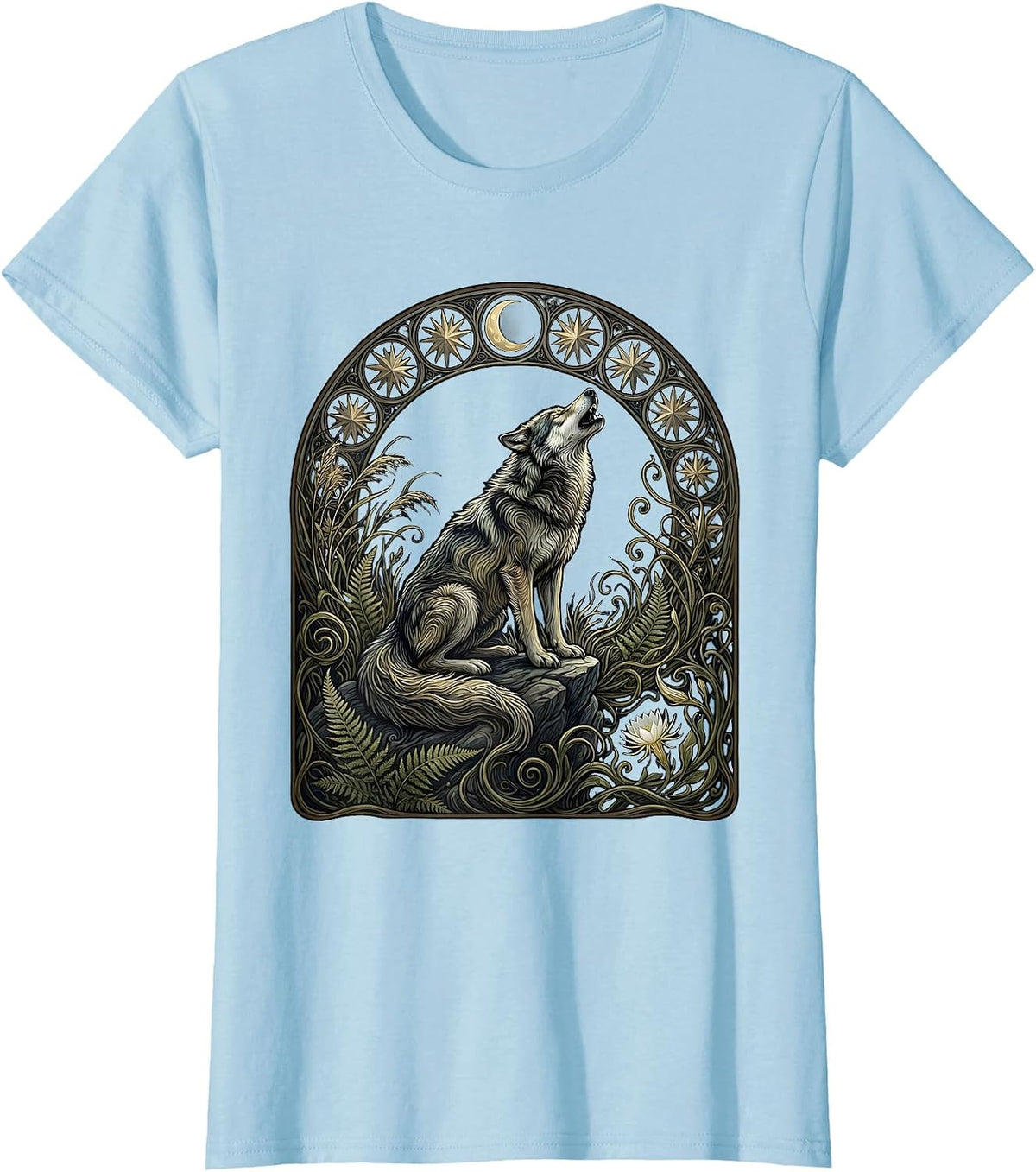 Women's Wolf Howling Under Starry Night Sky Illustration T-Shirt - Baby Blue