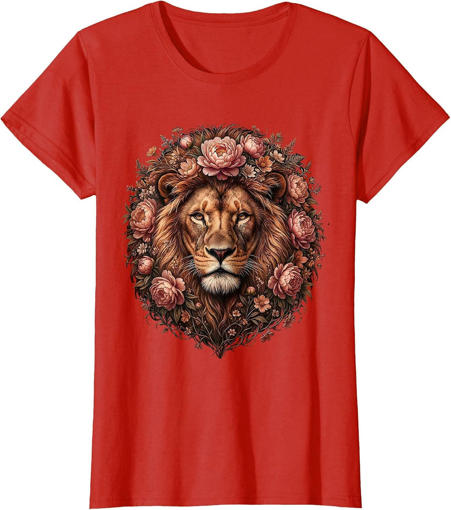 Women's Autism Awareness Fierce Lioness Floral Mane Portrait T-Shirt - Red