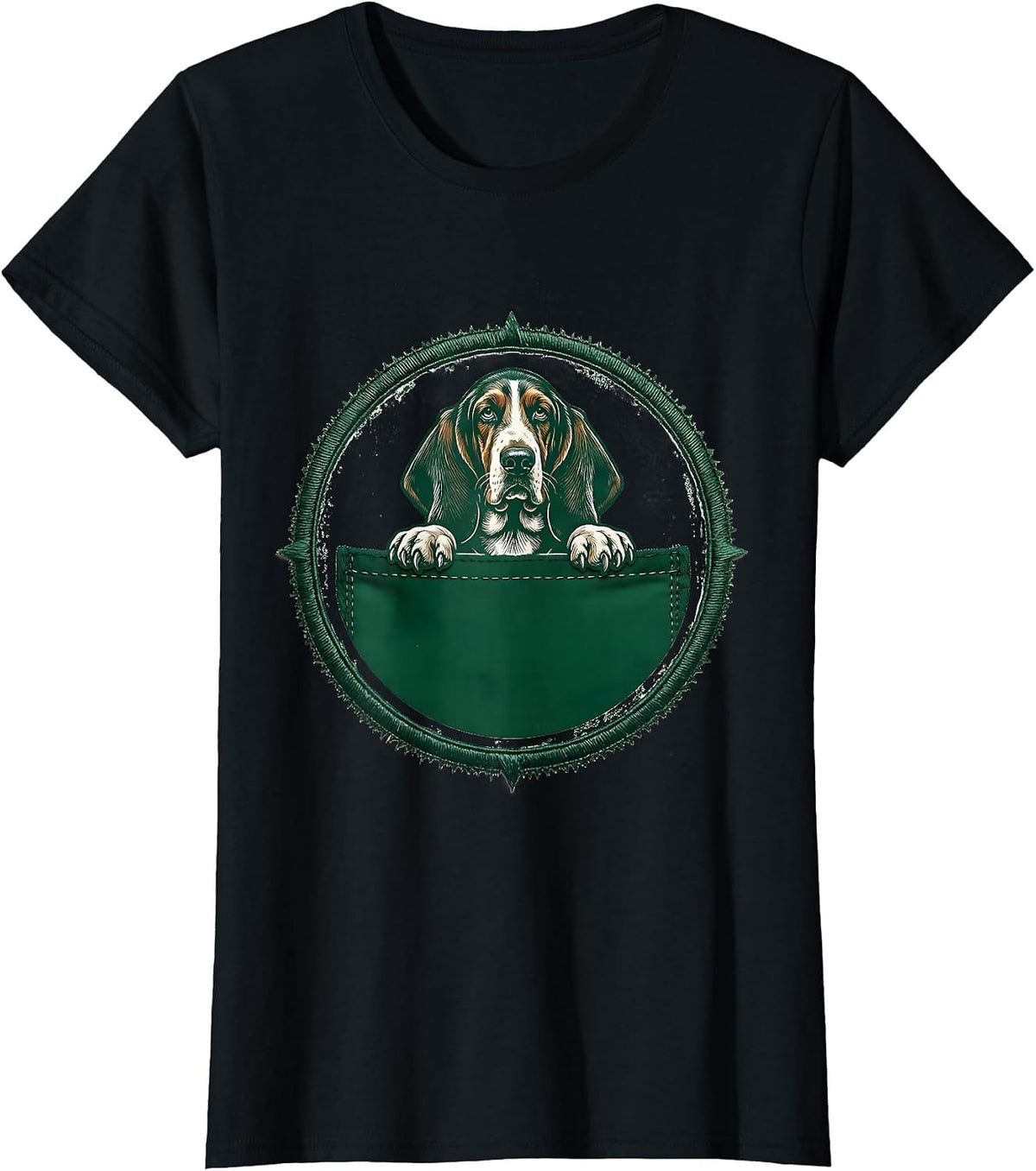 Women's Basset Hound Pocket Rubber Stamp Dog Lover T-Shirt - Black