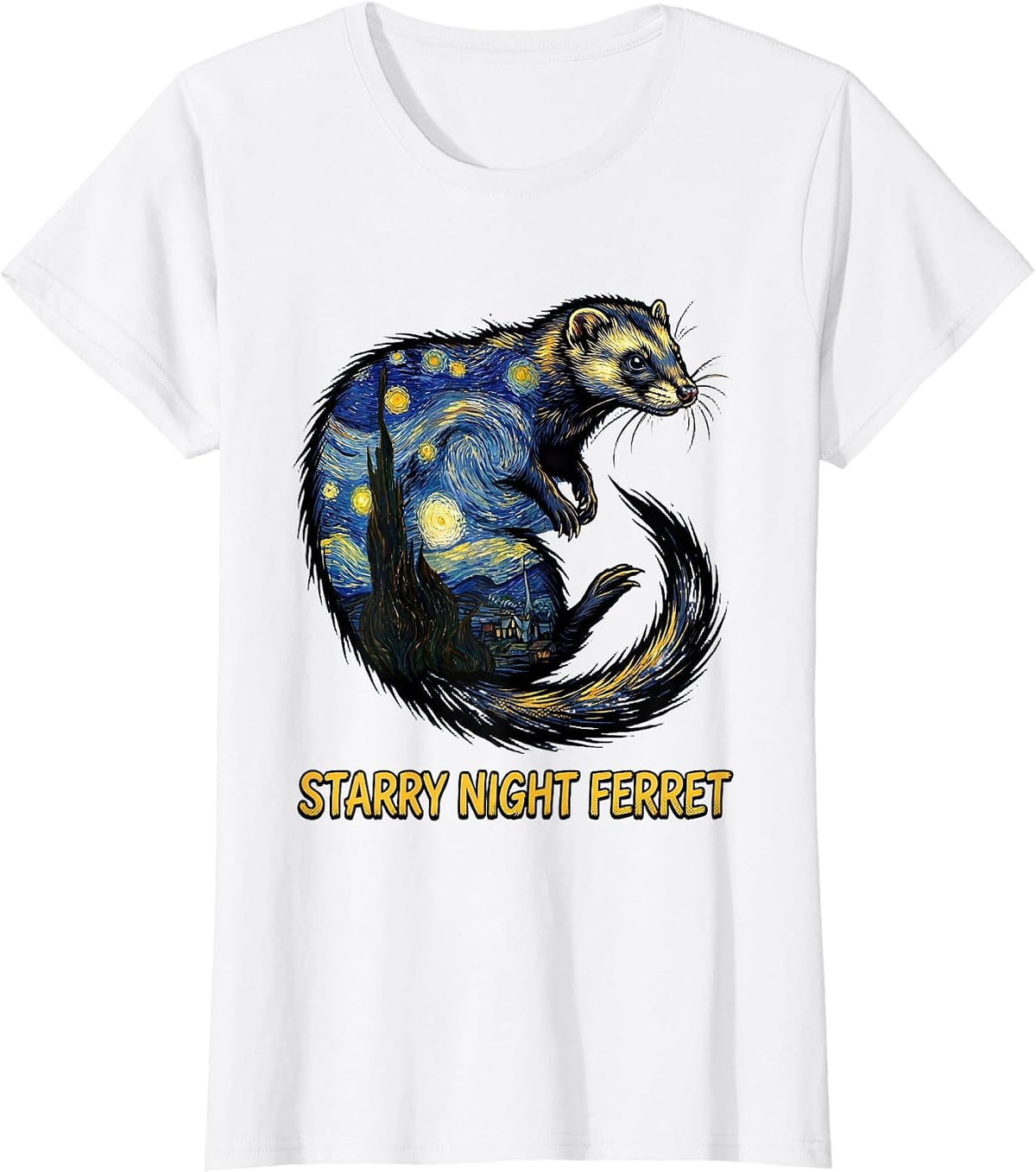 Women's Starry Night Ferret Comic Book Ferret Lover Art Homage T-Shirt - White
