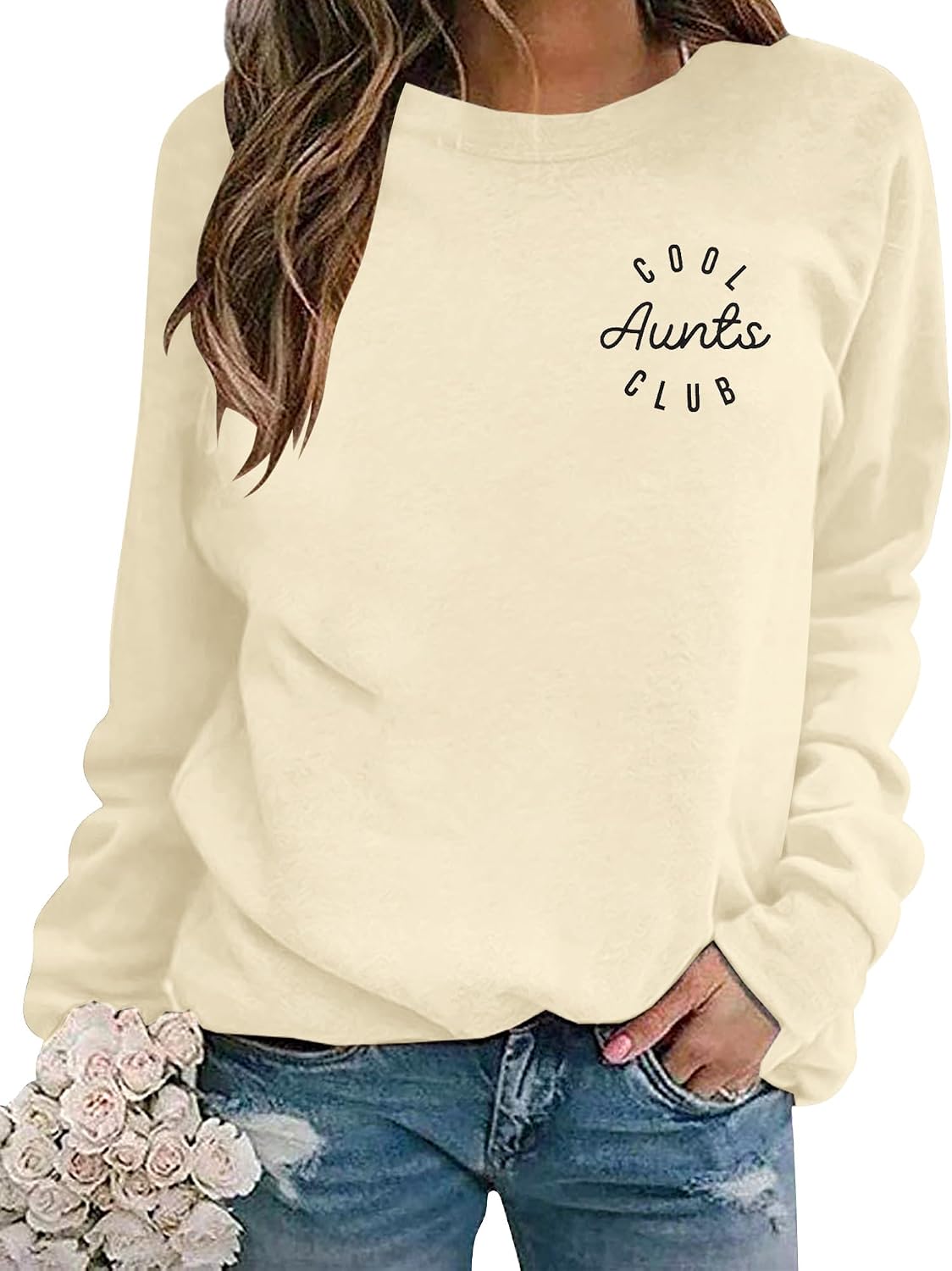 Women Aunt Sweatshirt Cool Aunts Club Crewneck Sweatshirt Auntie Long Sleeve Lightweight Shirt for Aunt Gift - Apricot-1