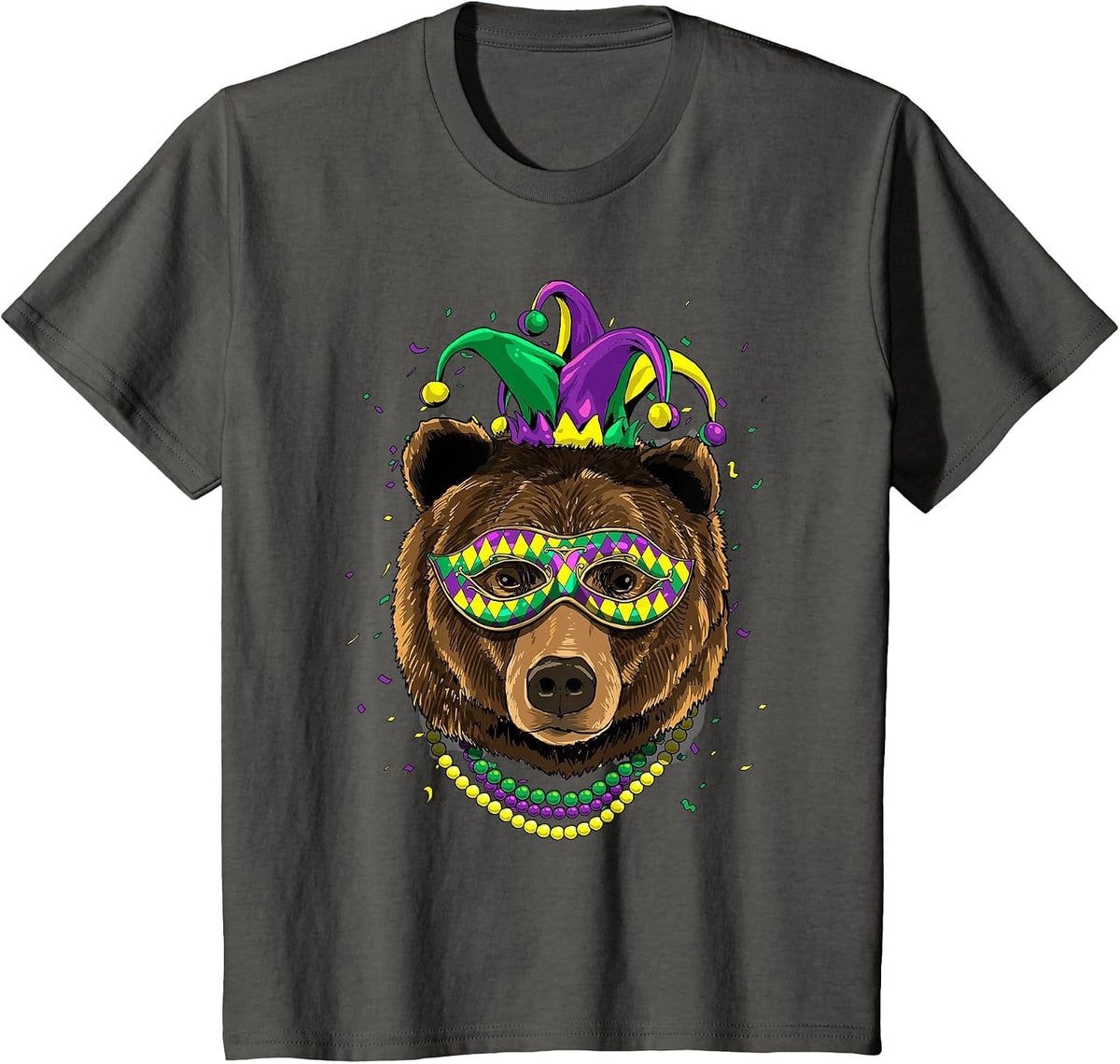 Bear Animal Lover Cute Mardi Gras Carnival Jester T-Shirt, Youth, Asphalt Grey, Medium - As Pictured