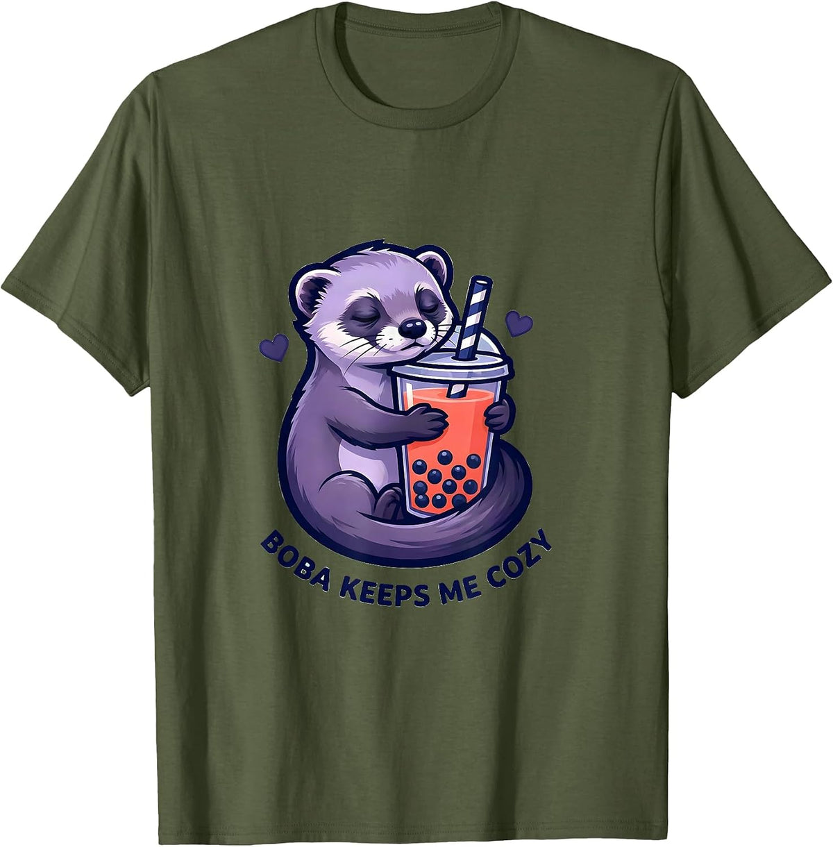Men's Boba Keeps Me Cozy Kawaii Ferret Boba Tea Lover Gift T-Shirt - Olive Green
