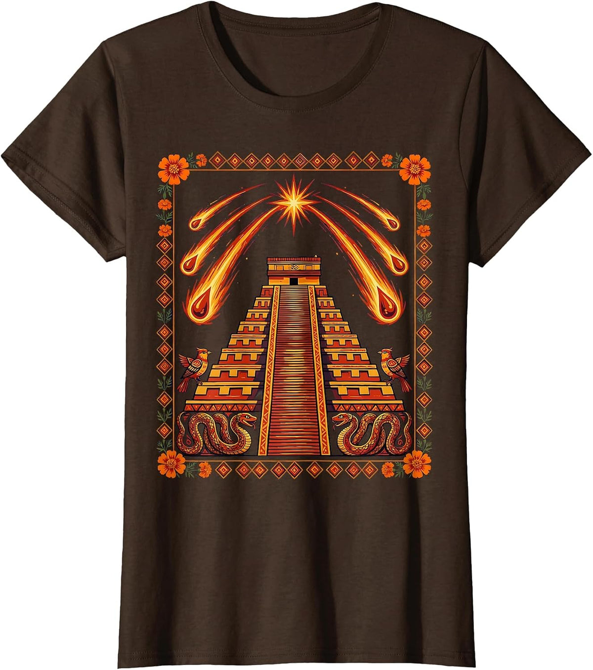 Women's Meteor Shower Over Ancient Mexican Ruins T-Shirt - Brown