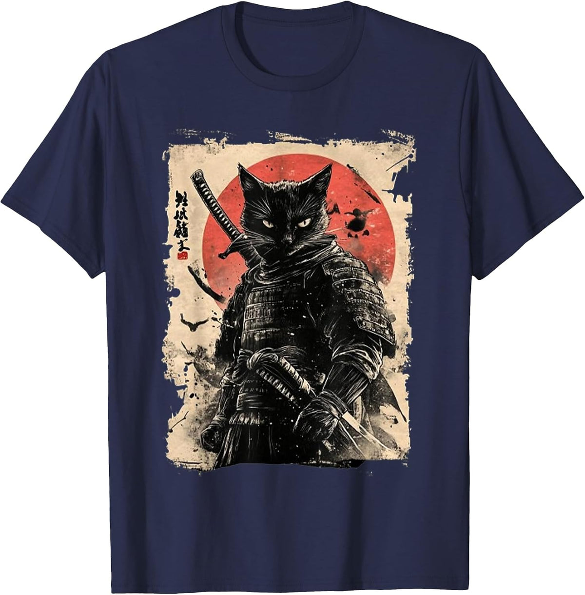 Vintage Japanese Art Anime Graphic Samurai Cat Warrior Tees T Shirts - Navy Blue
