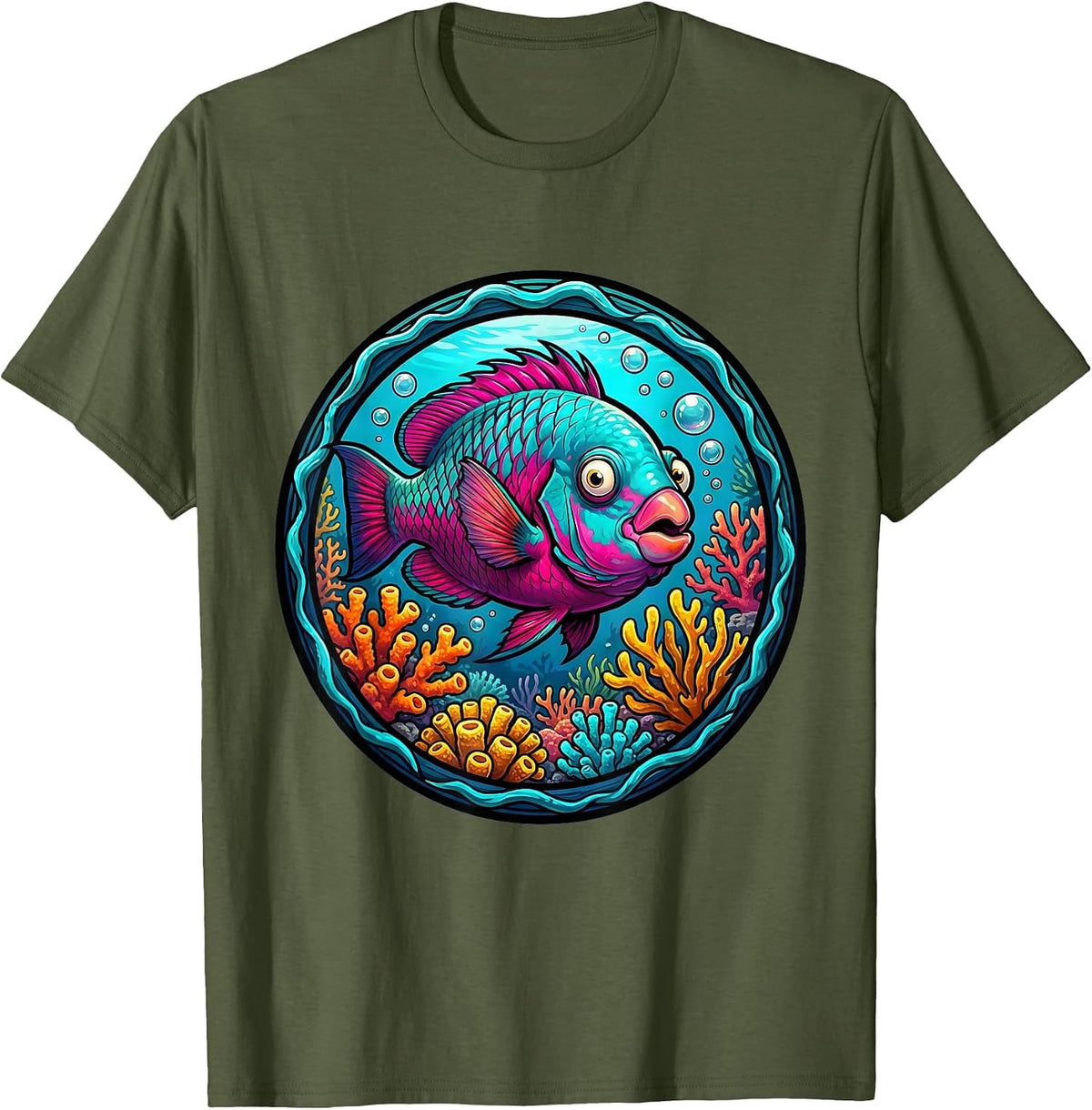 Puerto Rico Parrot Fish Coral Garden Illustration T-Shirt - Olive Green