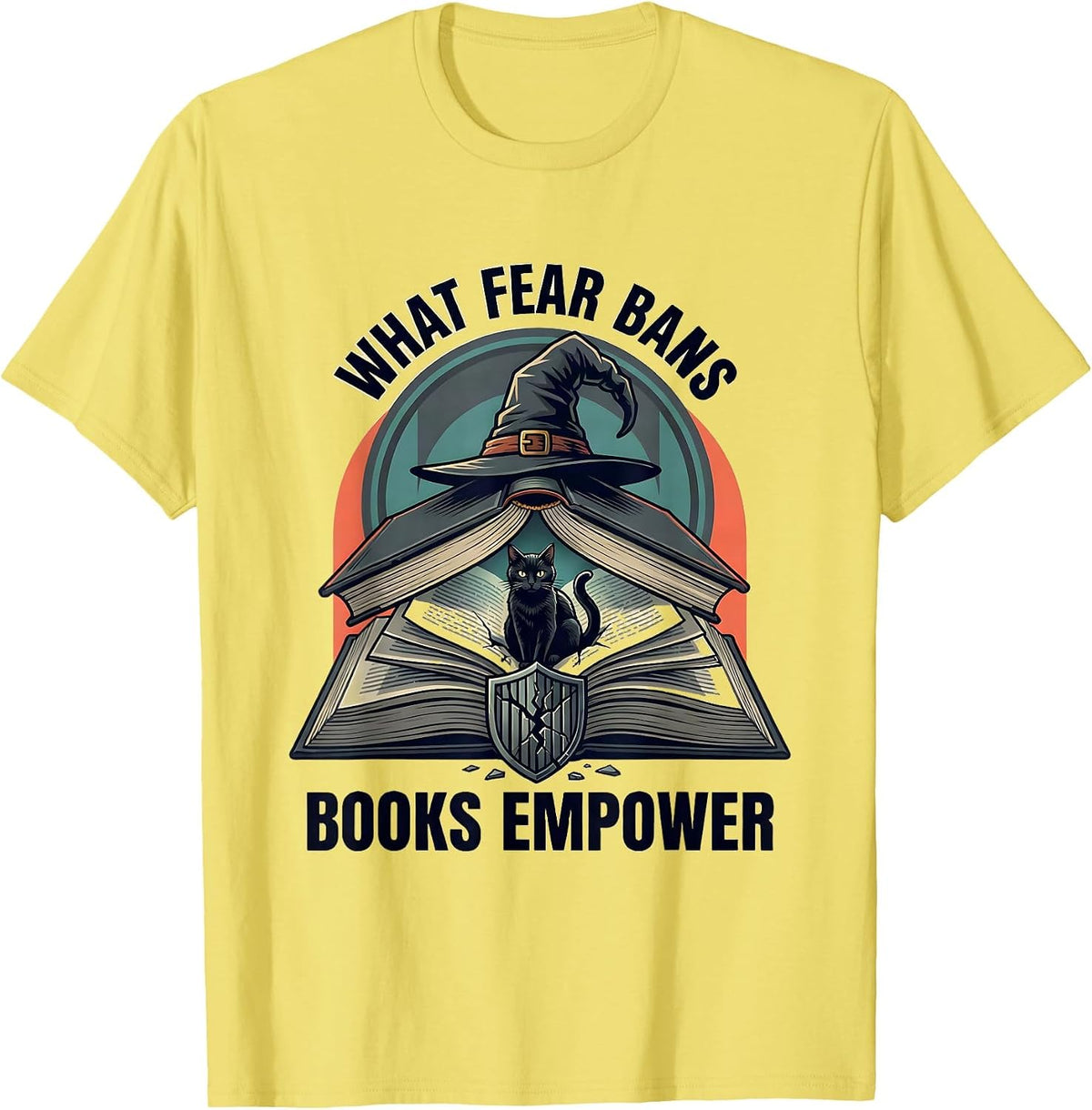 Men's What Fear Bans, Books Empower Flat Vector Witch Halloween T-Shirt - Lemon Yellow