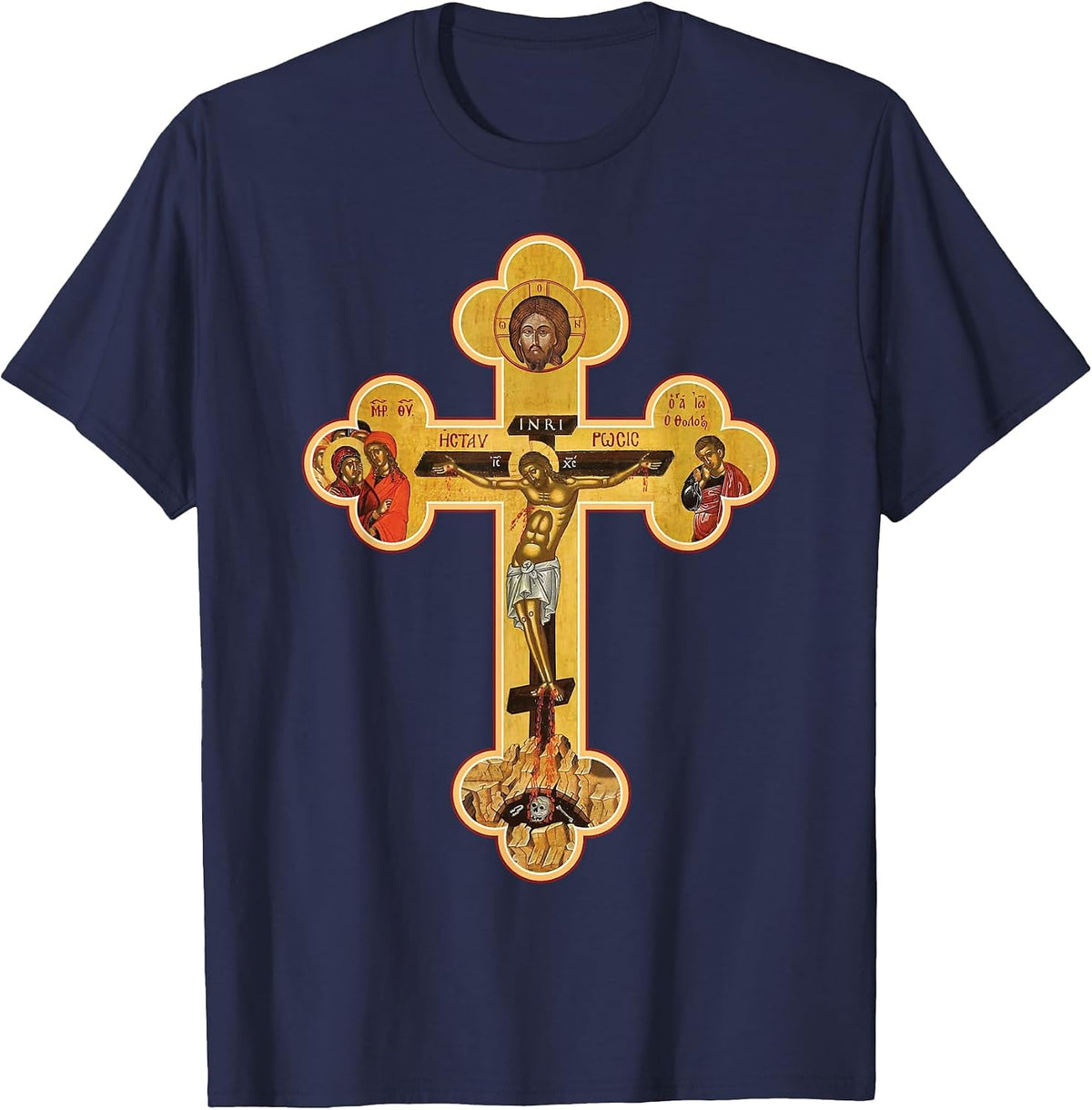 Greek Orthodox Jesus Christ Cross Icon T-Shirt - Navy Blue