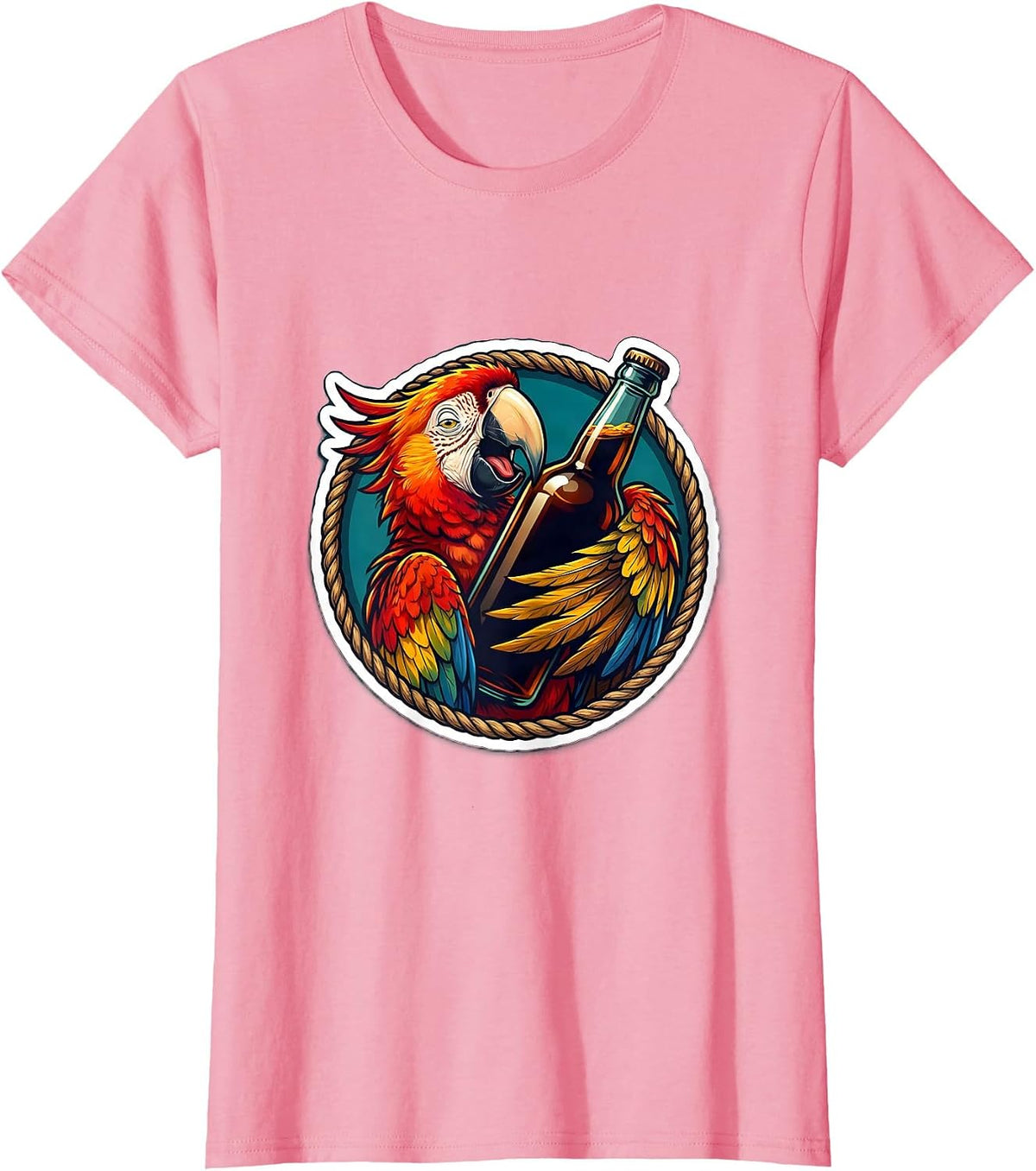 Women's Pirate Parrot Sneaking Sip of Rum Funny Drinking T-Shirt - Pink