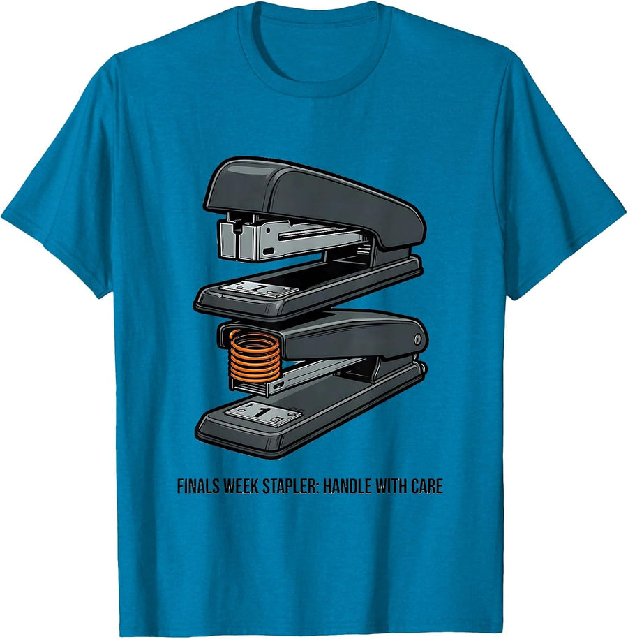Finals Week Stapler: Handle With Care Funny College Student T-Shirt - Sapphire Blue