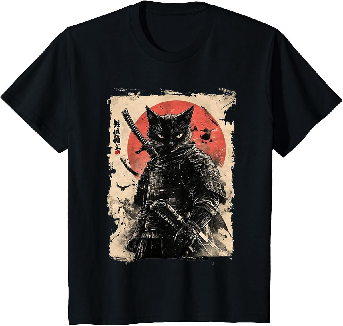 Vintage Japanese Art Anime Graphic Samurai Cat Warrior Tees T Shirts - Black