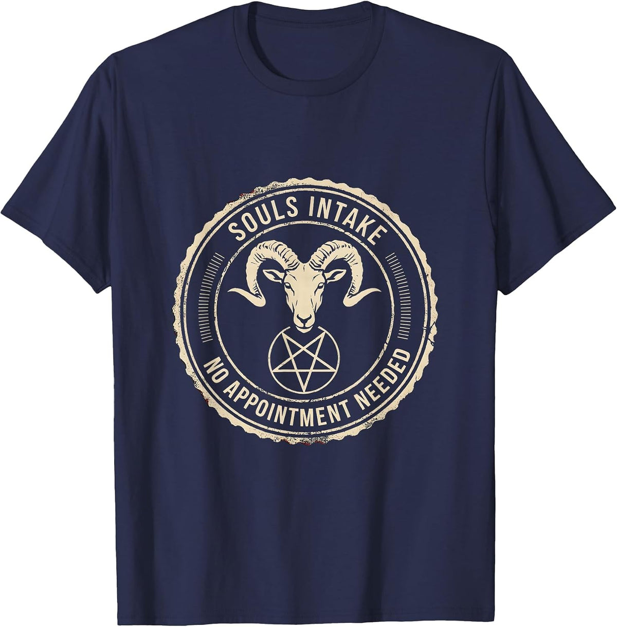 Souls Intake No Appointment Needed Gothic Occult Goat Head T-Shirt - Navy Blue
