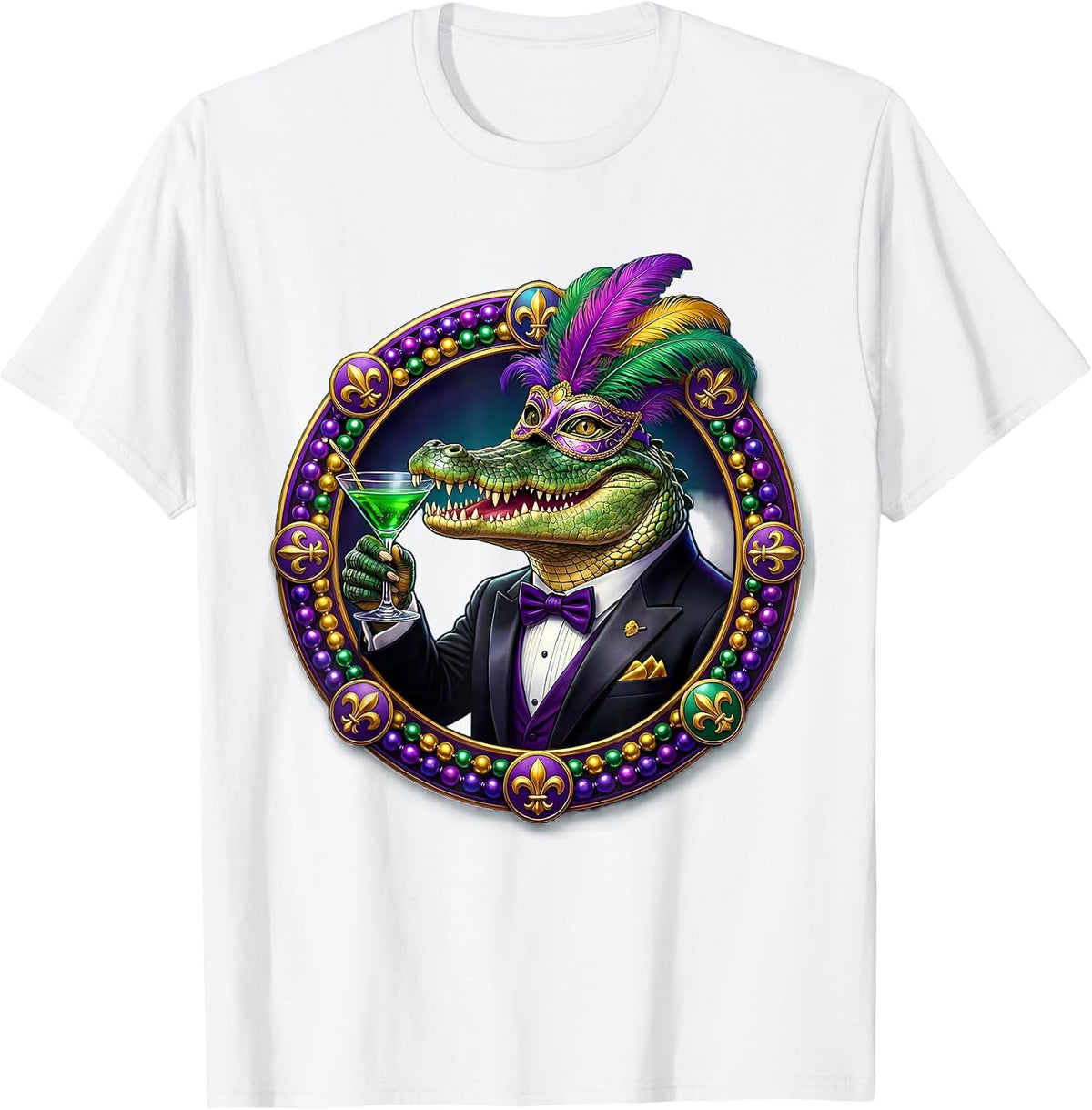 Men's Mardi Gras Alligator in Tuxedo Cocktail Design T-Shirt - White