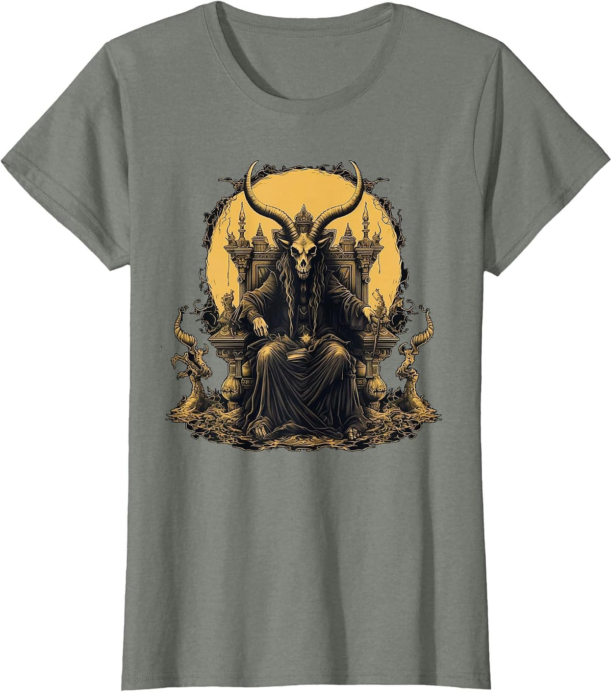 Satanic Baphomet Goat Head | Dark Art Pagan Evil Goth T-Shirt - Olive Heather
