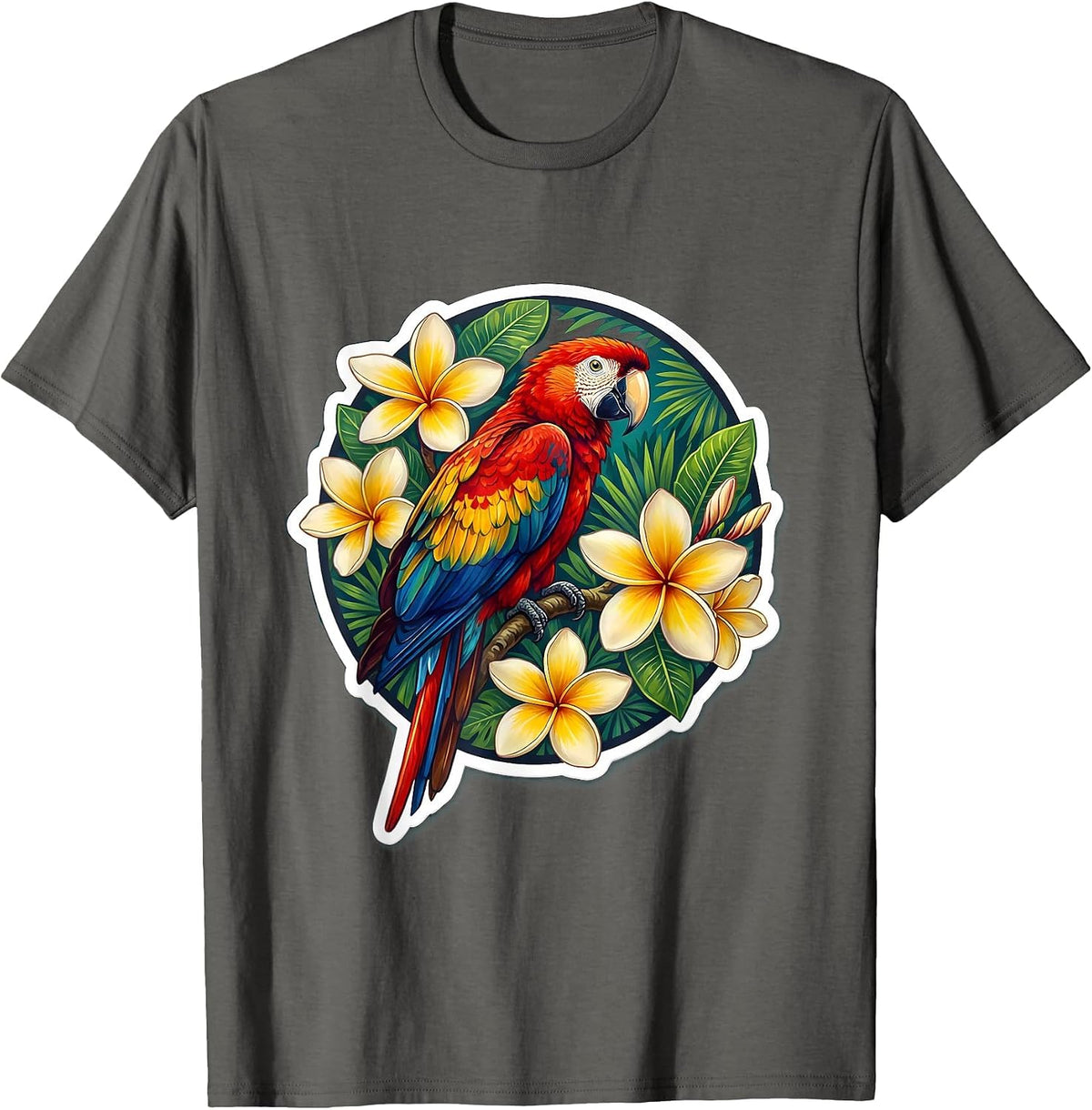 Men's Macaw Parrot Plumeria Hawaiian Floral Design T-Shirt - Asphalt Grey