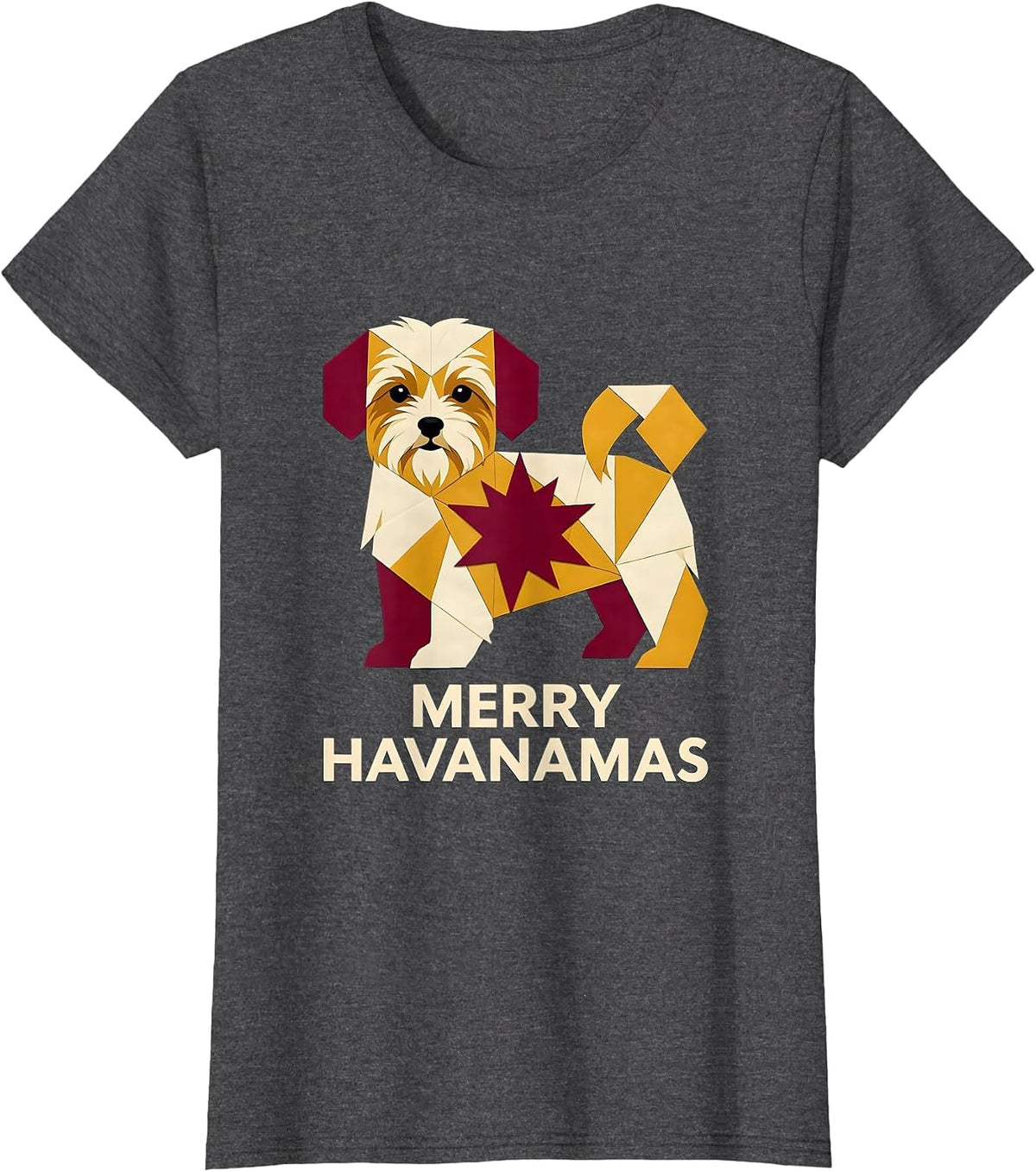 Women's Merry Havanamas Quilt Block Patchwork Havanese Christmas Dog T-Shirt - Dark Heather Grey