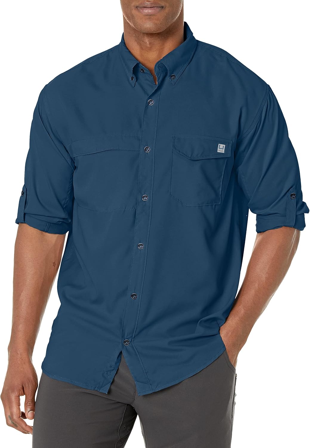 HUK Mens Tide Point Long Sleeve Shirt | Performance Button Down - Sargasso Sea - New Logo