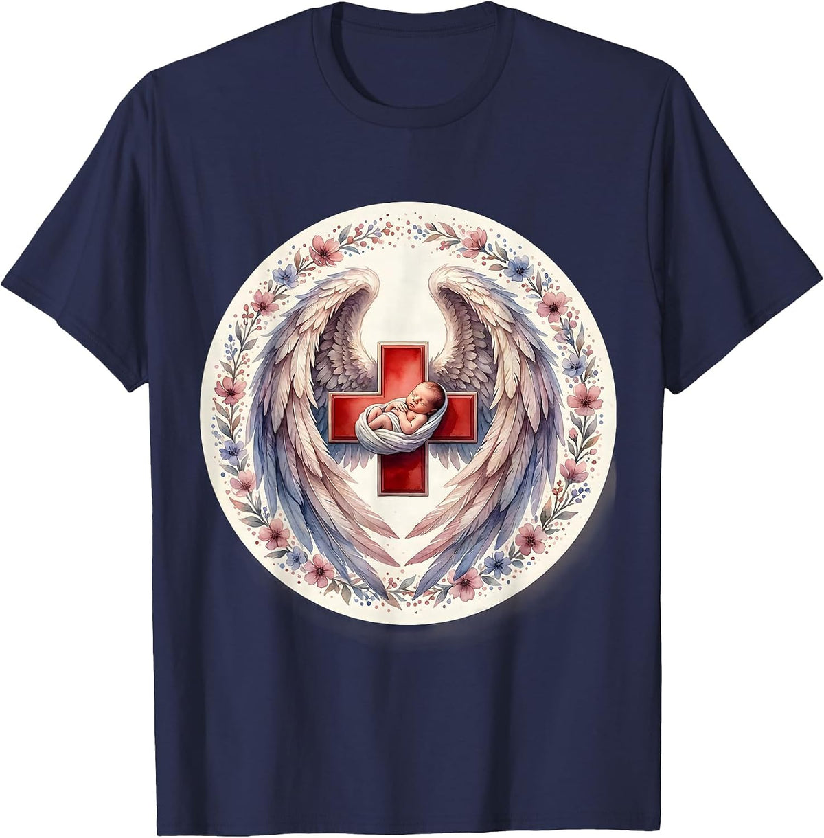 NICU Nurse Angel Wings Illustration T-Shirt - Navy Blue