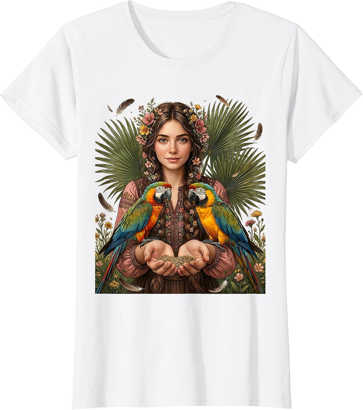 Women's Mexican Girl With Braids Feeding Colorful Parrots T-Shirt - White