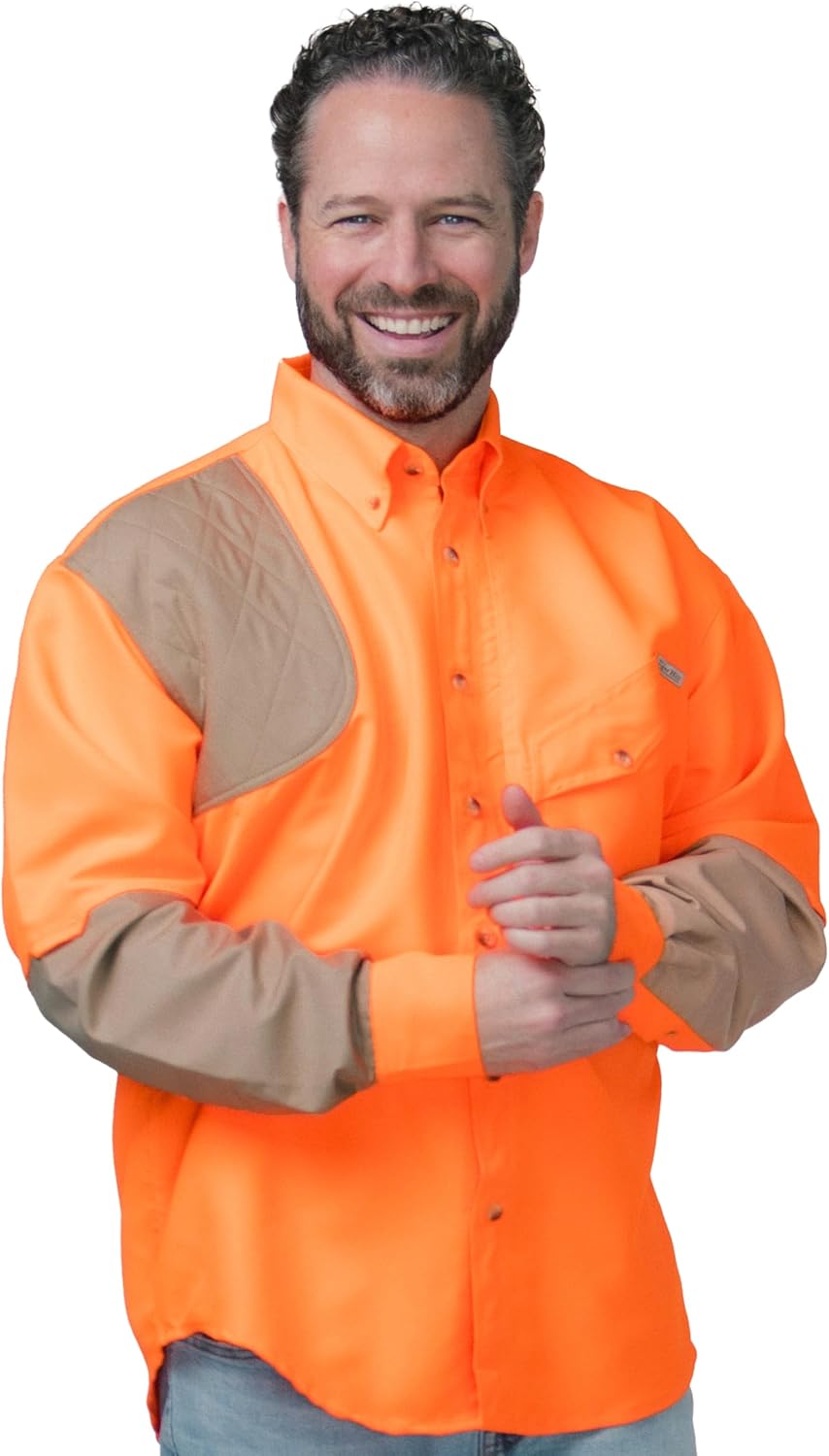 Men's Blaze Upland Tactical Hunting Shirt Long Sleeves. Durable Shooter Shirt, Khaki - Blaze Orange and Khaki