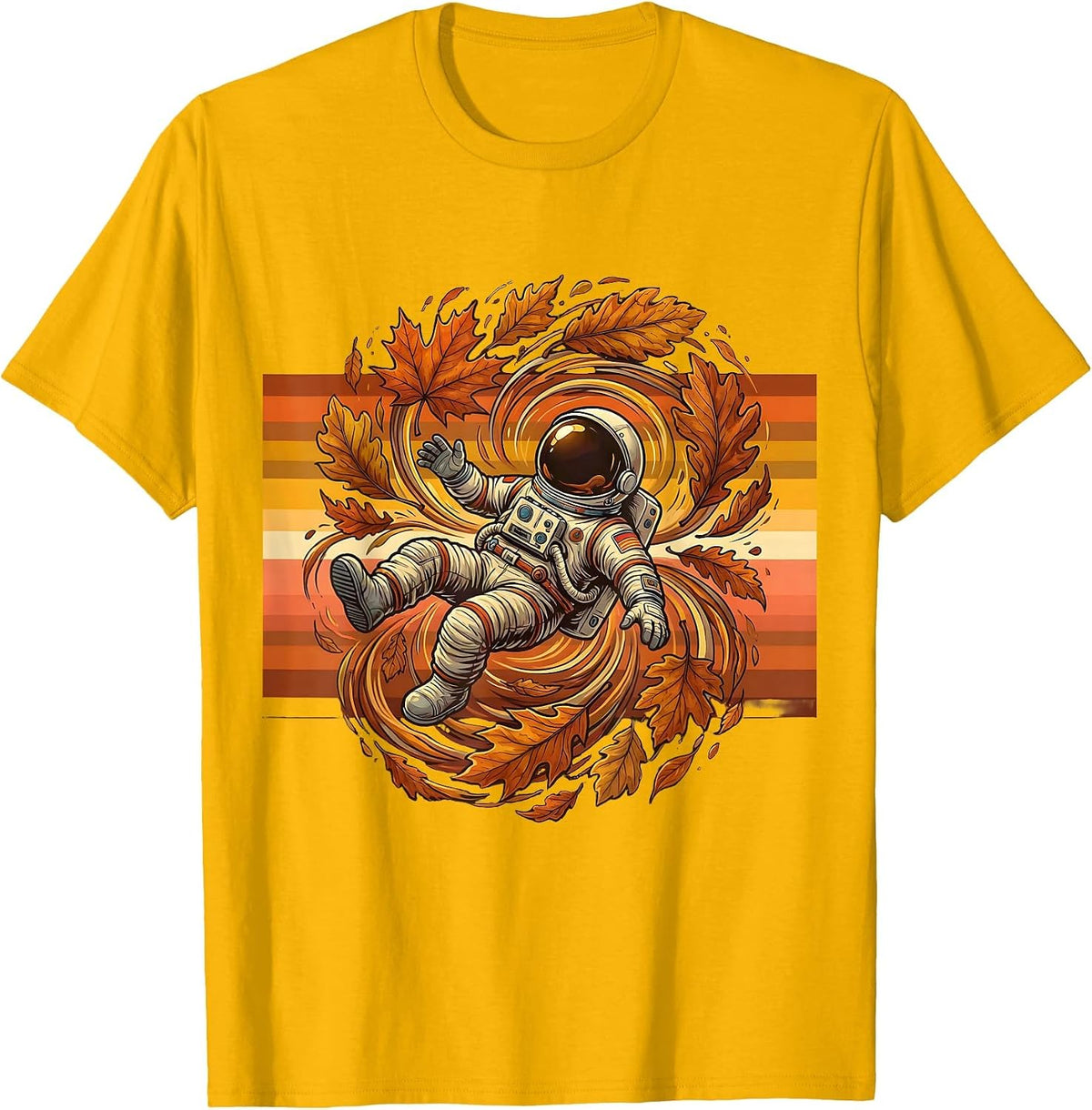 Astronaut Tumbling Through Autumn Leaves T-Shirt - Golden Yellow