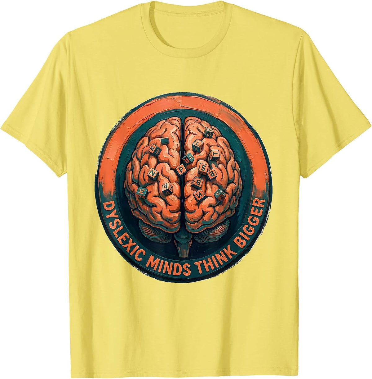 Men's Dyslexic Minds Think Bigger Awareness Design T-Shirt - Lemon Yellow