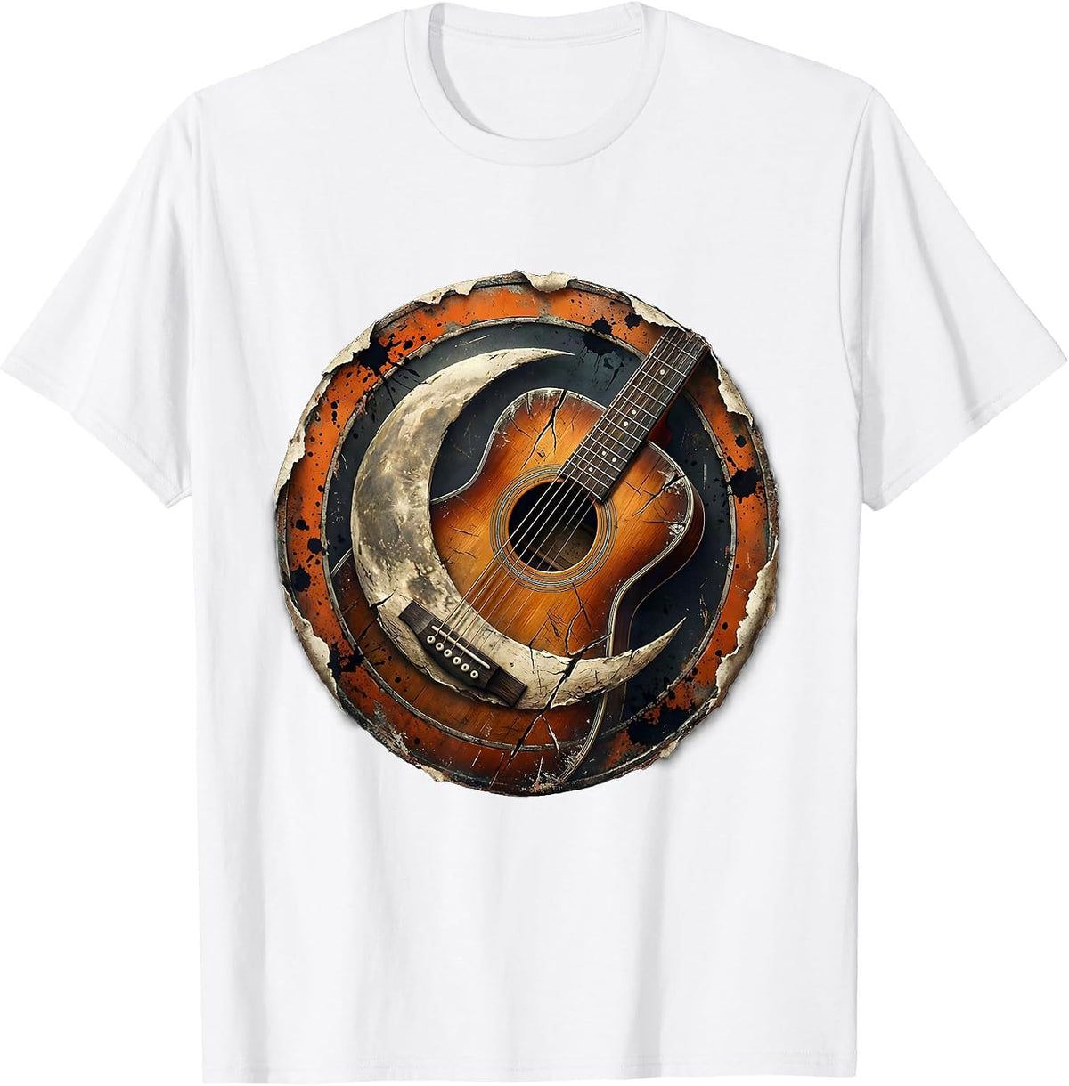 Men's Crescent Moon Acoustic Guitar Illustration T-Shirt - White