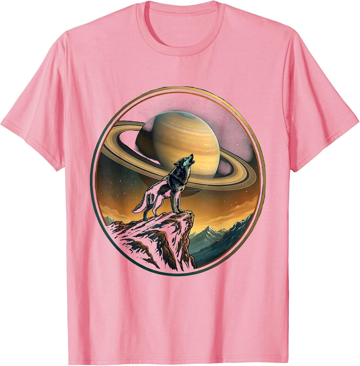 Men's Wolf Howling at Ringed Planet Space Illustration T-Shirt - Pink