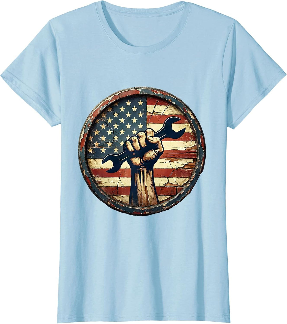 Labor Day Muscular Fist Gripping Wrench Graphic T-Shirt - Baby Blue