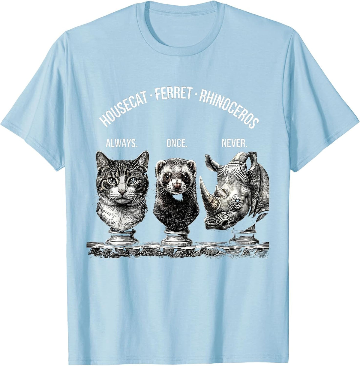 Men's Housecat: Always. Ferret: Once. Rhinoceros: Never Funny T-Shirt - Baby Blue