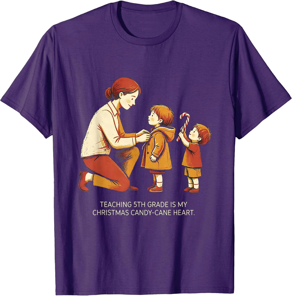 Teaching 5th Grade Is My Christmas Candy-Cane Heart Teacher T-Shirt - Purple