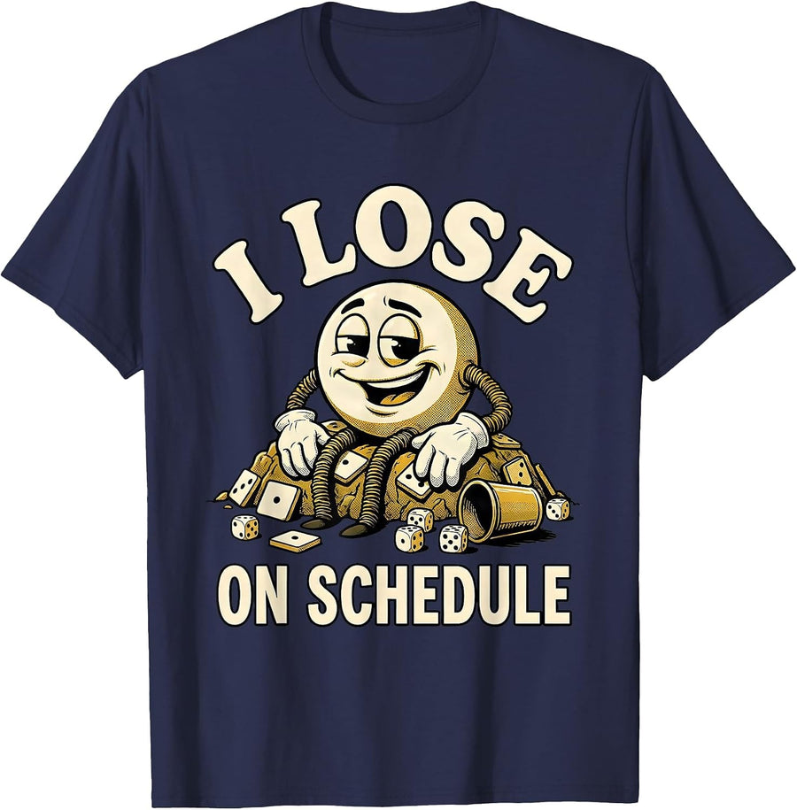 I Lose On Schedule Retro Cartoon Funny Gamer RPG Tabletop T-Shirt - Navy Blue
