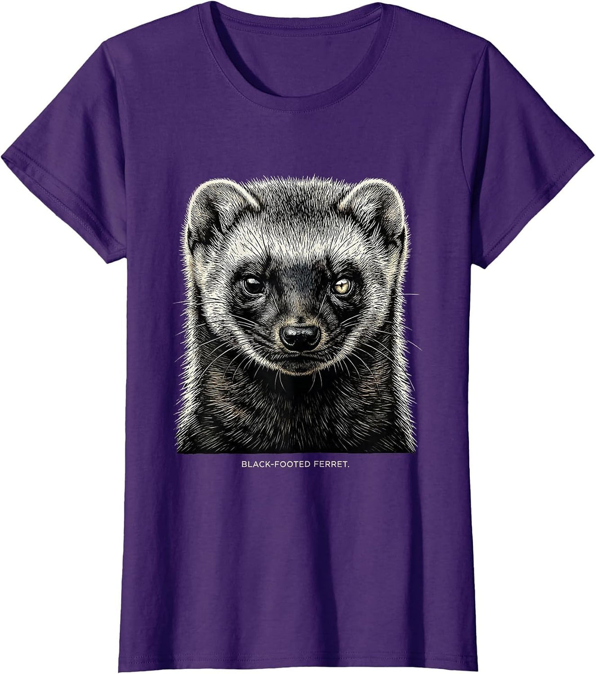 Women's BLACK-FOOTED FERRET Woodcut Engraving Wildlife Portrait T-Shirt - Purple